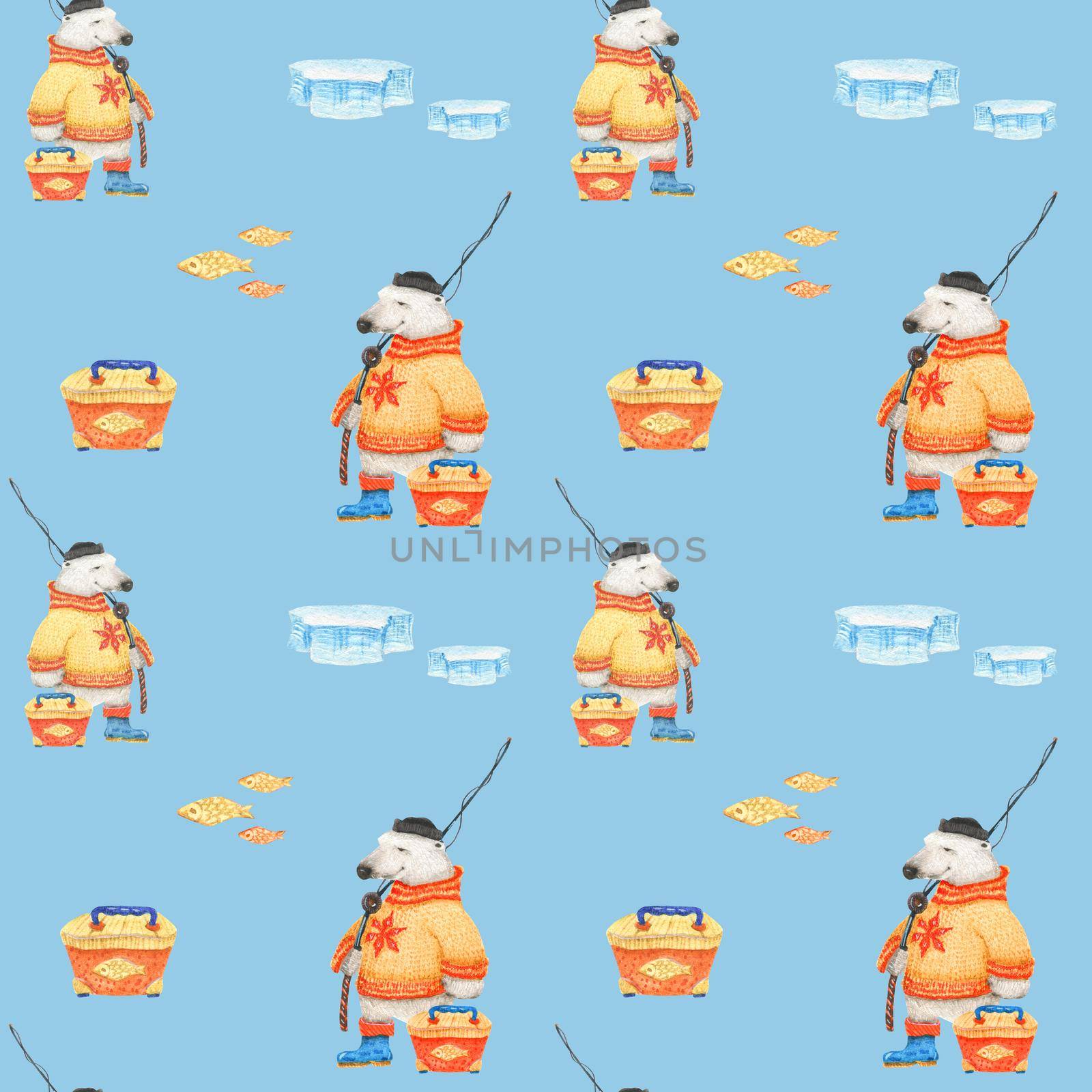 Fisher Polar bear. Watercolor seamless patterns for textile, wrapping paper and any tiled design. Blue background, clipping path uncluded