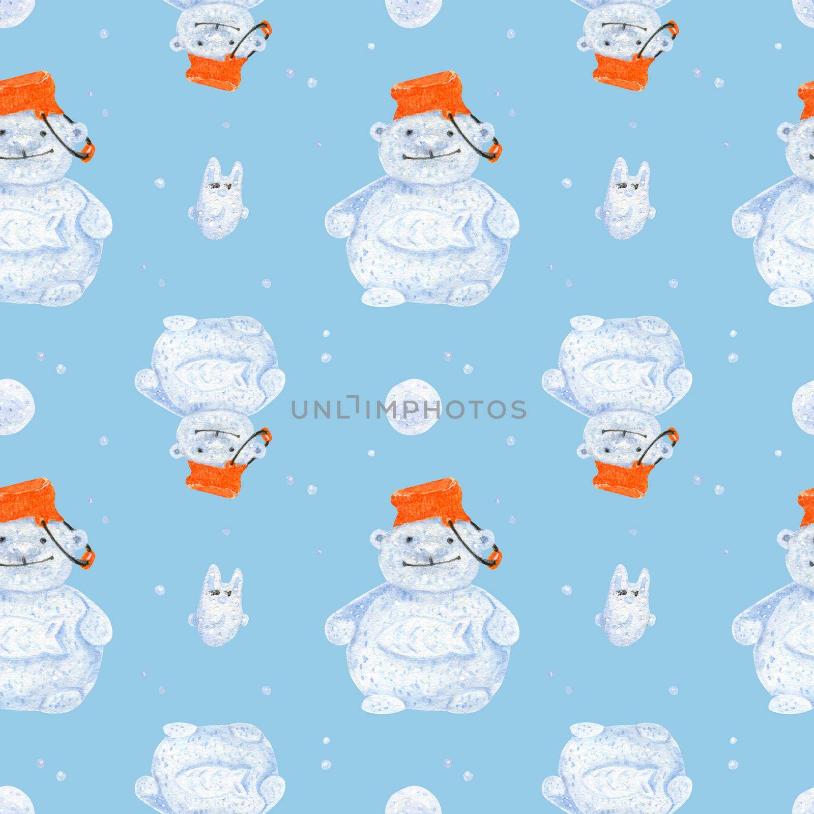 Polar bear snowman. Watercolor seamless patterns for textile, wrapping paper and any tiled design. Blue background, clipping path uncluded