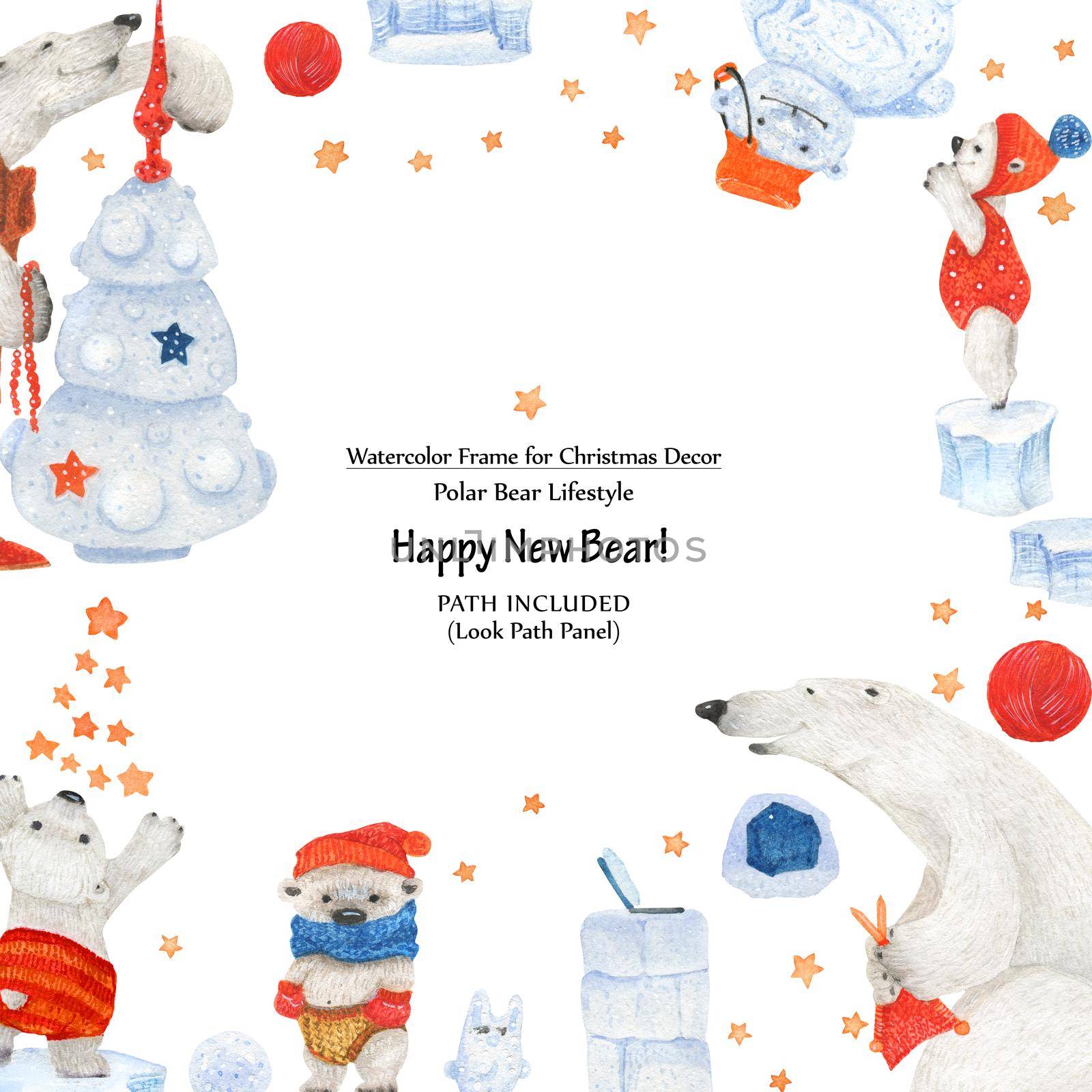 Polar bears New Year holidays. Watercolor greeting frame for Instagram and any square decorative forms. Isolated, clipping path uncluded