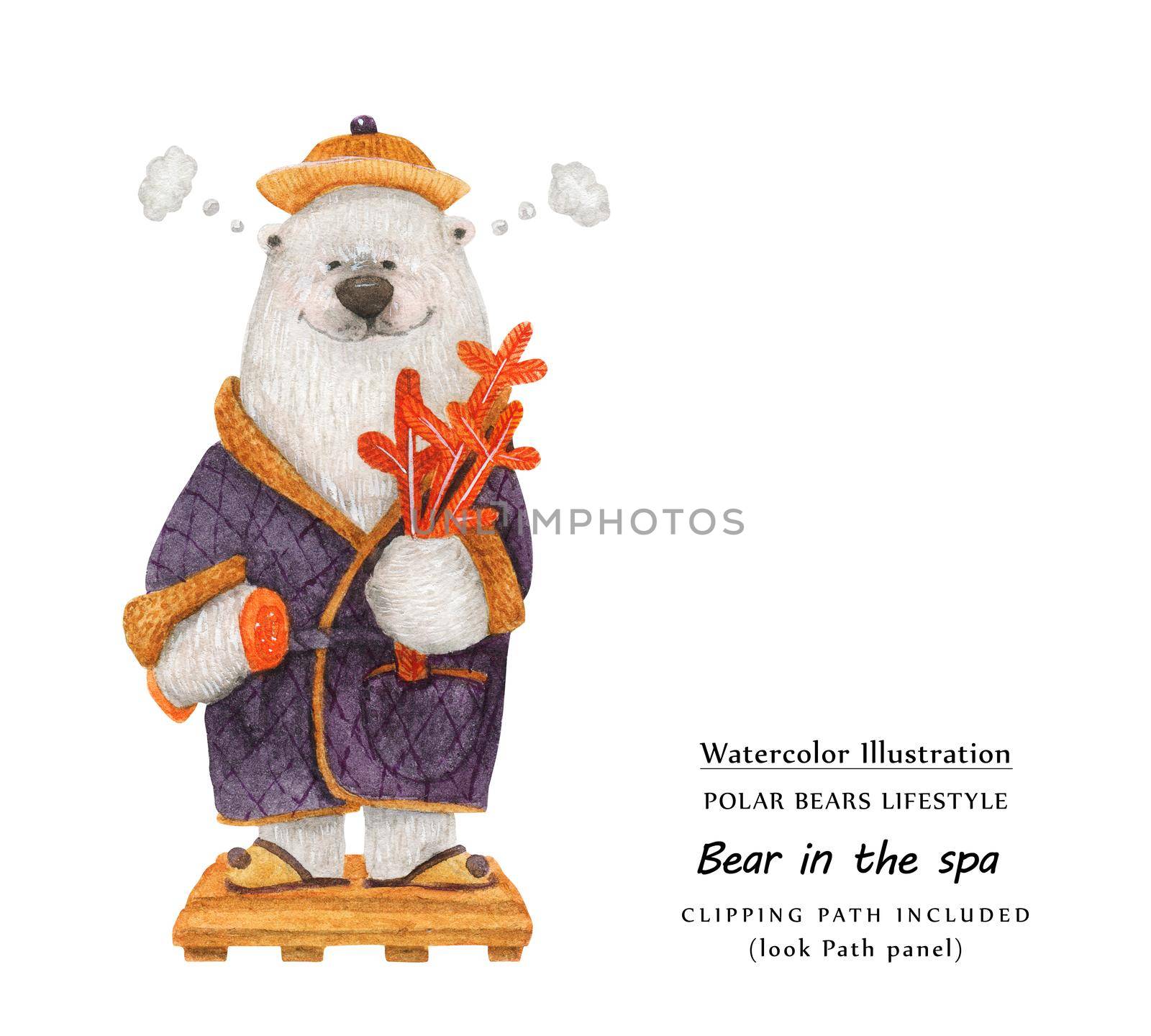 Cute watercolor illustration Bear in the spa sauna. Isolated clipping path included
