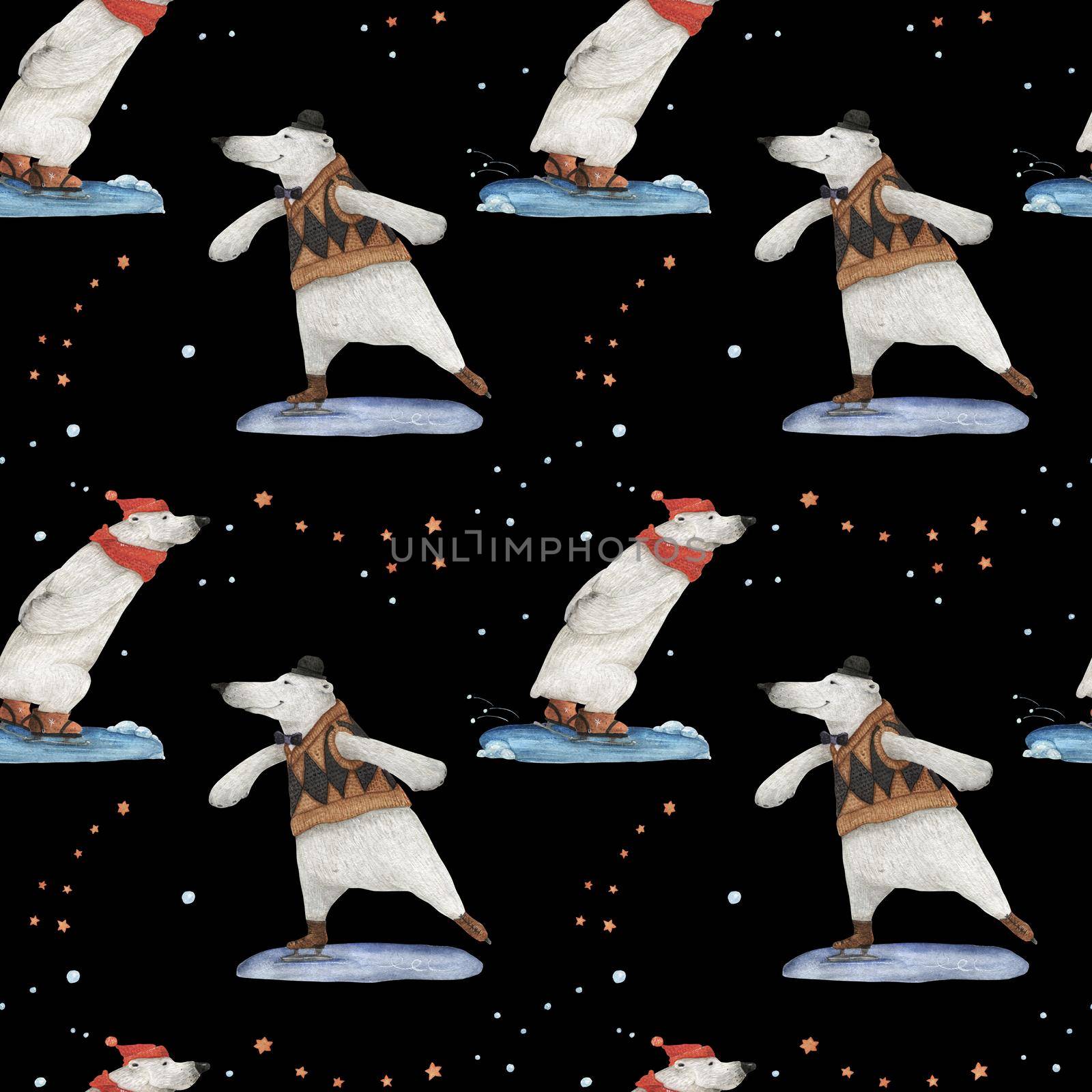 Polar bears skating. Watercolor seamless patterns for textile, wrapping paper and any tiled design. Black background, clipping path uncluded
