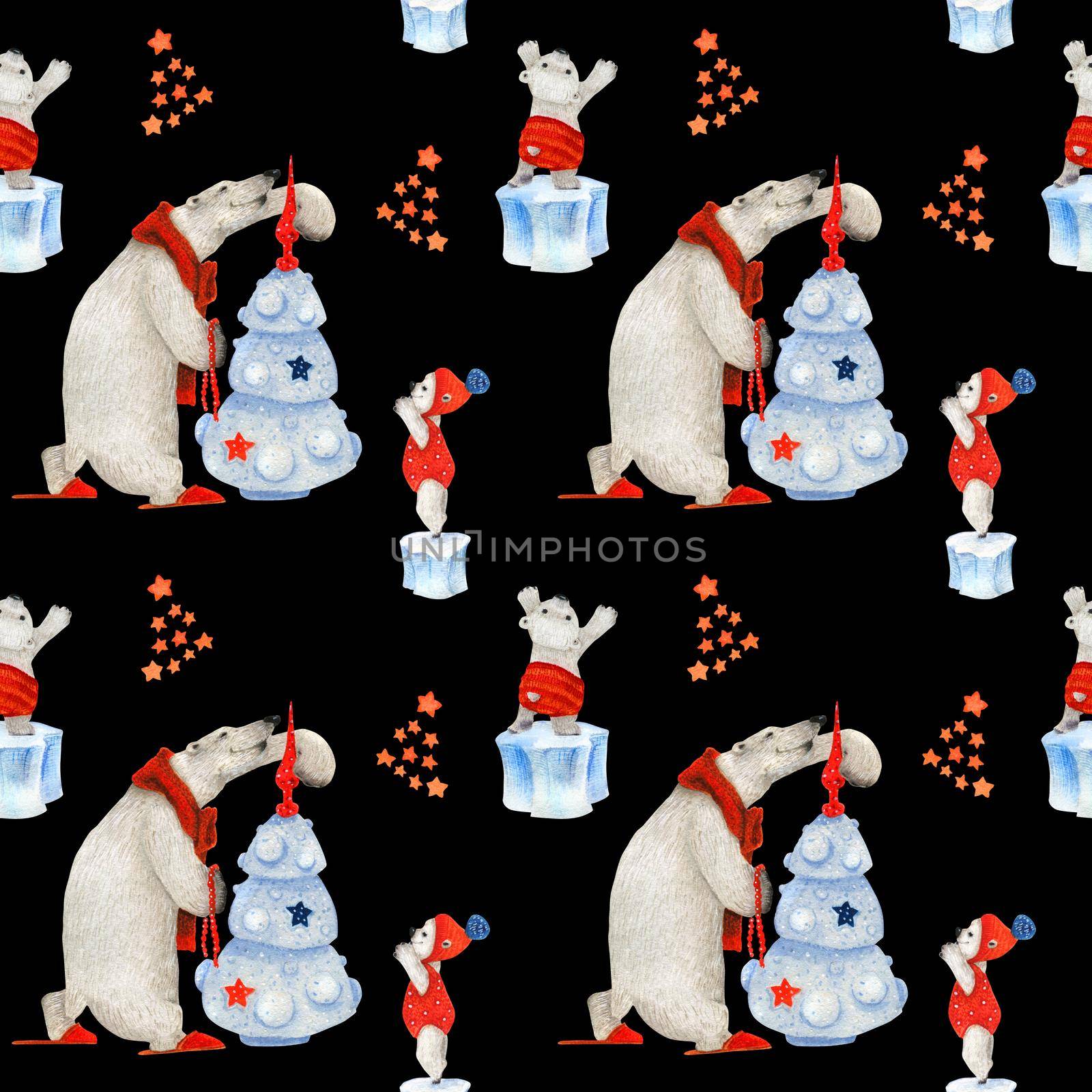 Polar bears decorating new year tree. Watercolor seamless patterns for textile, wrapping paper and any tiled design. Black background, clipping path uncluded