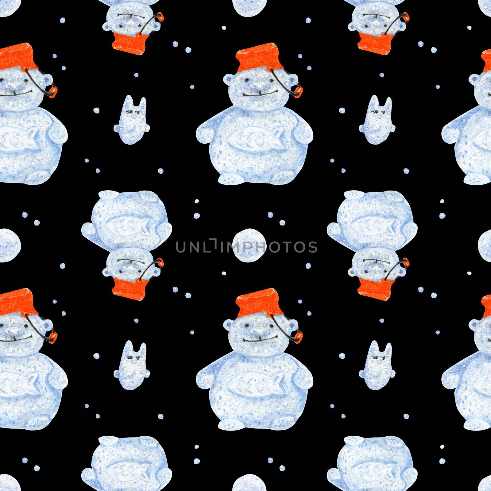 Polar bear snowman. Watercolor seamless patterns for textile, wrapping paper and any tiled design. Black background, clipping path uncluded