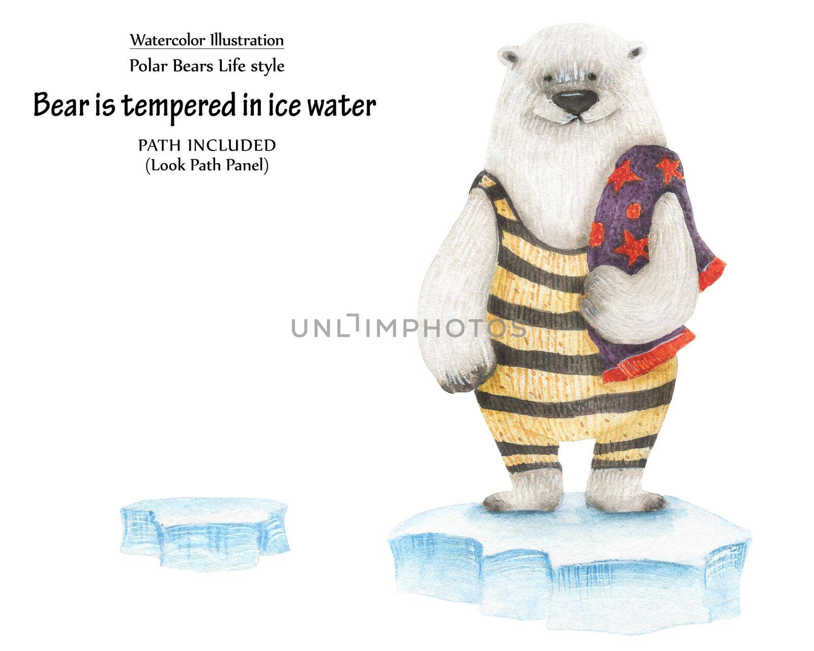 Cute watercolor illustration Bear swimming in ice water. Isolated clipping path included