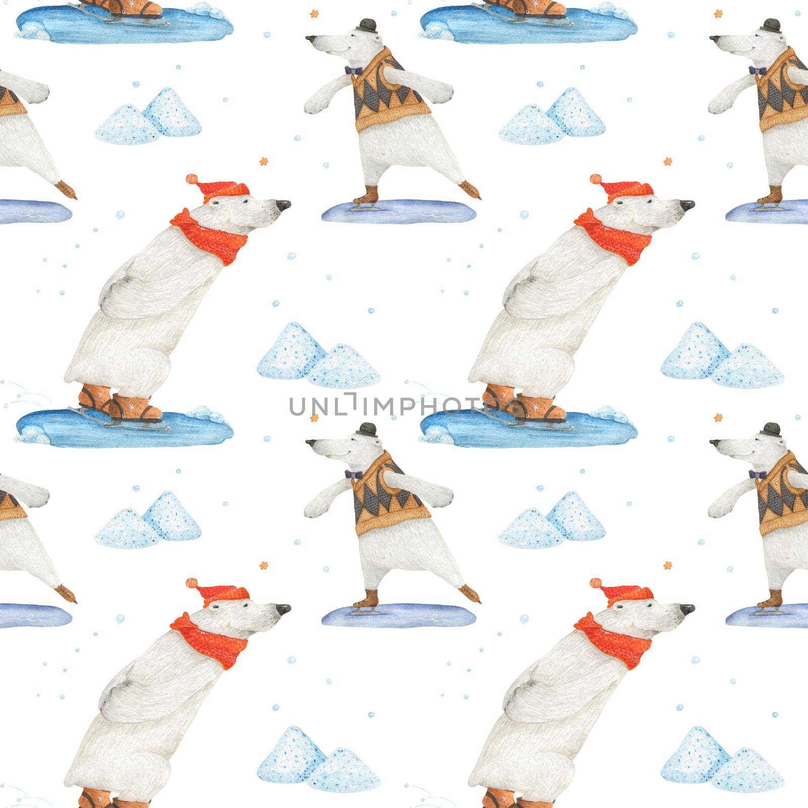 Polar bear winter fun. Arctic bears skate. Watercolor seamless patterns for textile, wrapping paper and any tiled design. White background, clipping path uncluded