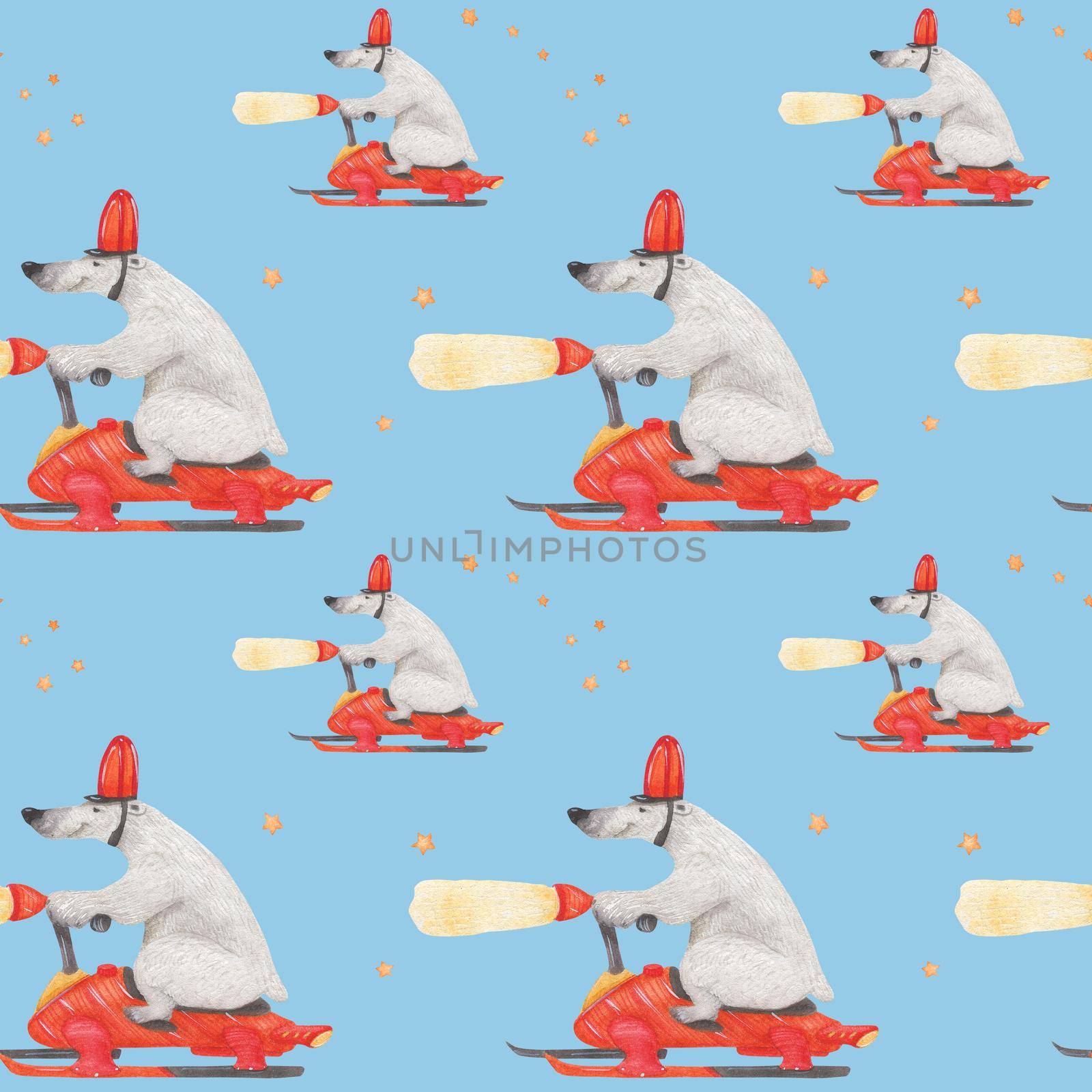 Polar bear rushing snowmobile. Watercolor seamless patterns for textile, wrapping paper and any tiled design. Blue background, clipping path uncluded