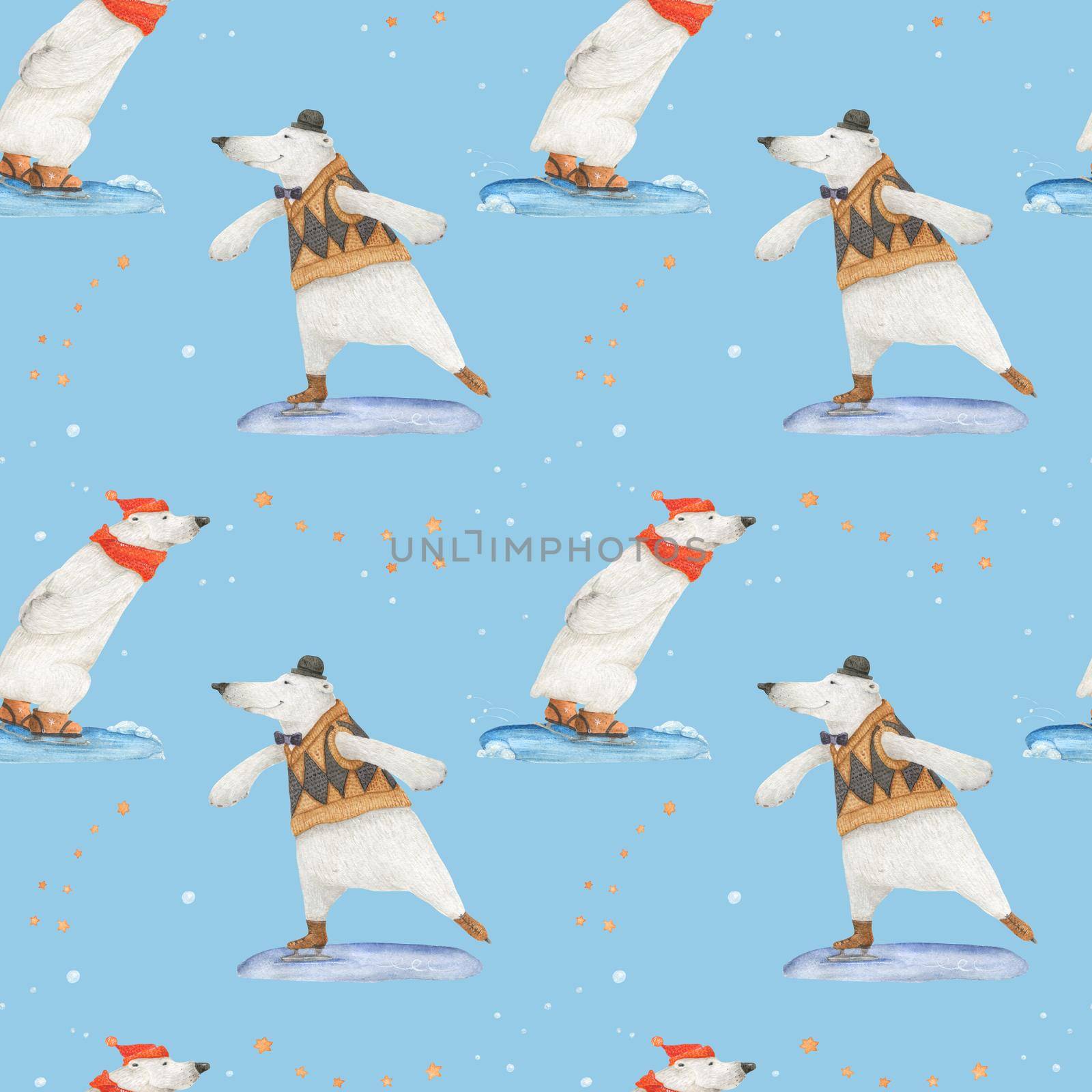 Polar bears skating. Watercolor seamless patterns for textile, wrapping paper and any tiled design. Blue background, clipping path uncluded