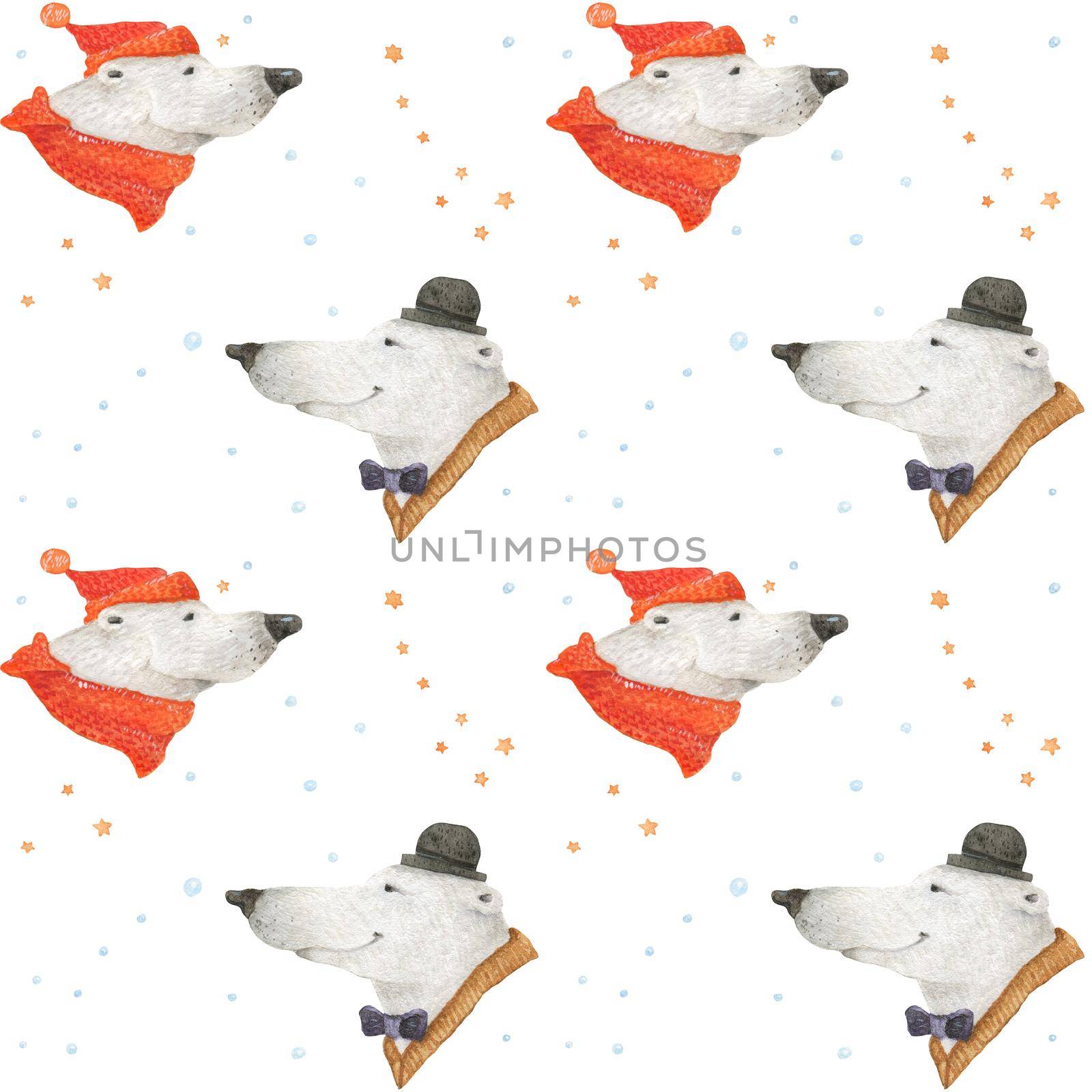 Polar bear winter fun. Arctic bear portrets. Watercolor seamless patterns for textile, wrapping paper and any tiled design. White background, clipping path uncluded