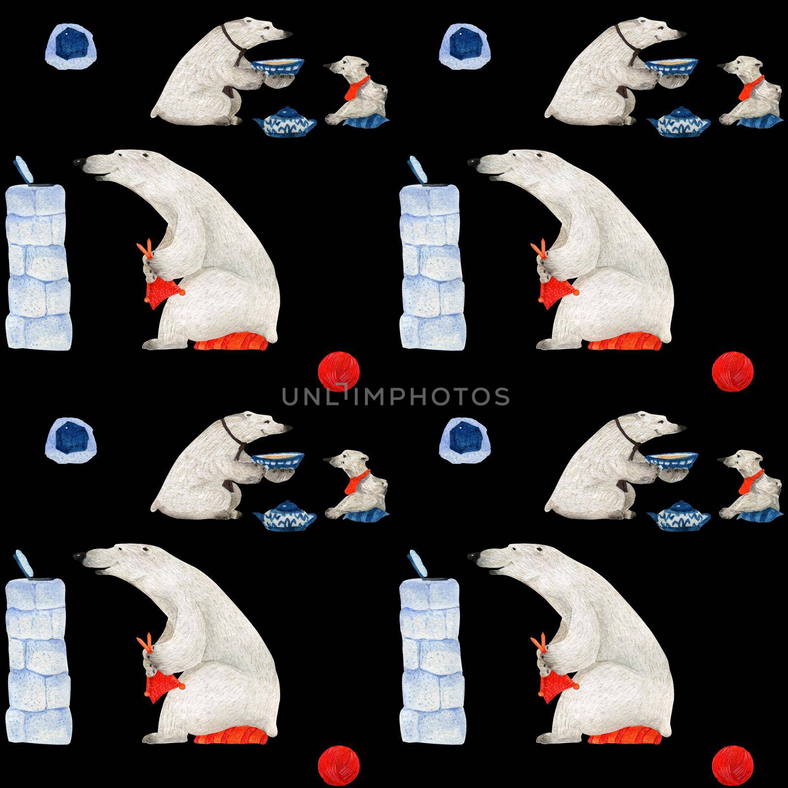 Polar bears drink tea and knitting. Watercolor seamless patterns for textile, wrapping paper and any tiled design. Black background, clipping path uncluded