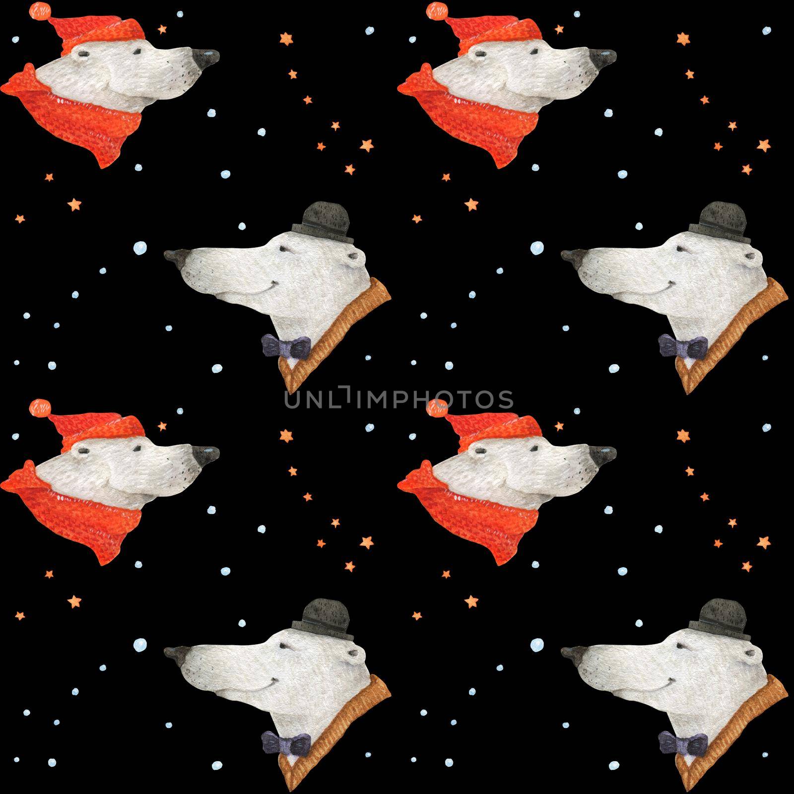 Polar bear winter fun. Arctic bear portrets. Watercolor seamless patterns for textile, wrapping paper and any tiled design. Black background, clipping path uncluded