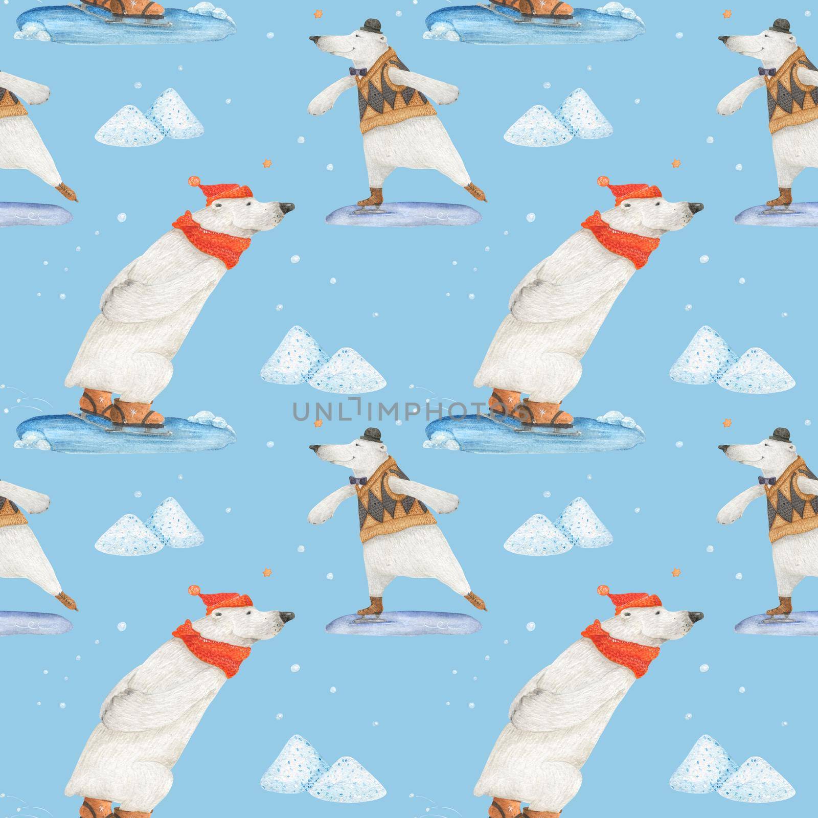 Polar bear winter fun. Arctic bears skate. Watercolor seamless patterns for textile, wrapping paper and any tiled design. Blue background, clipping path uncluded