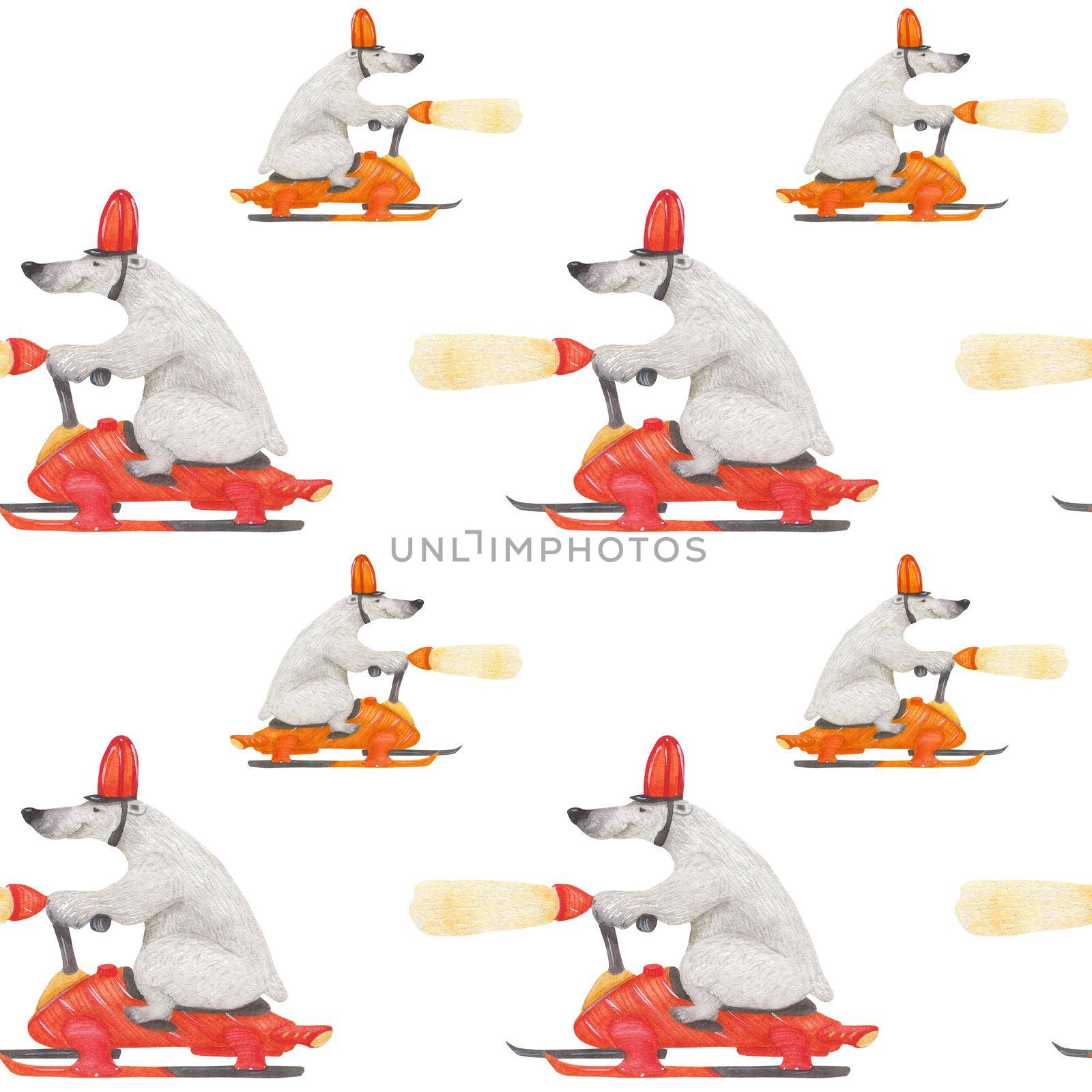 Polar bear speedway traffic. Watercolor seamless patterns for textile, wrapping paper and any tiled design. White background, clipping path uncluded