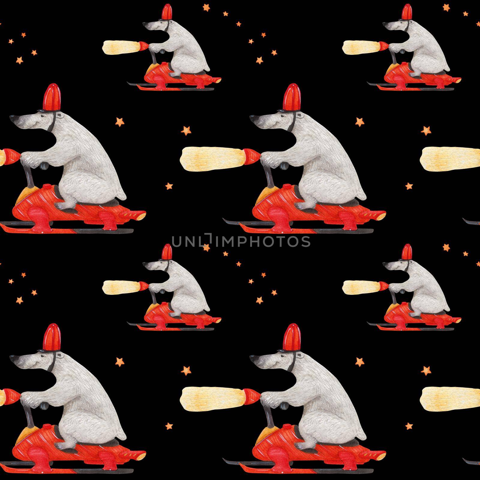 Polar bear rushing snowmobile. Watercolor seamless patterns for textile, wrapping paper and any tiled design. Black background, clipping path uncluded