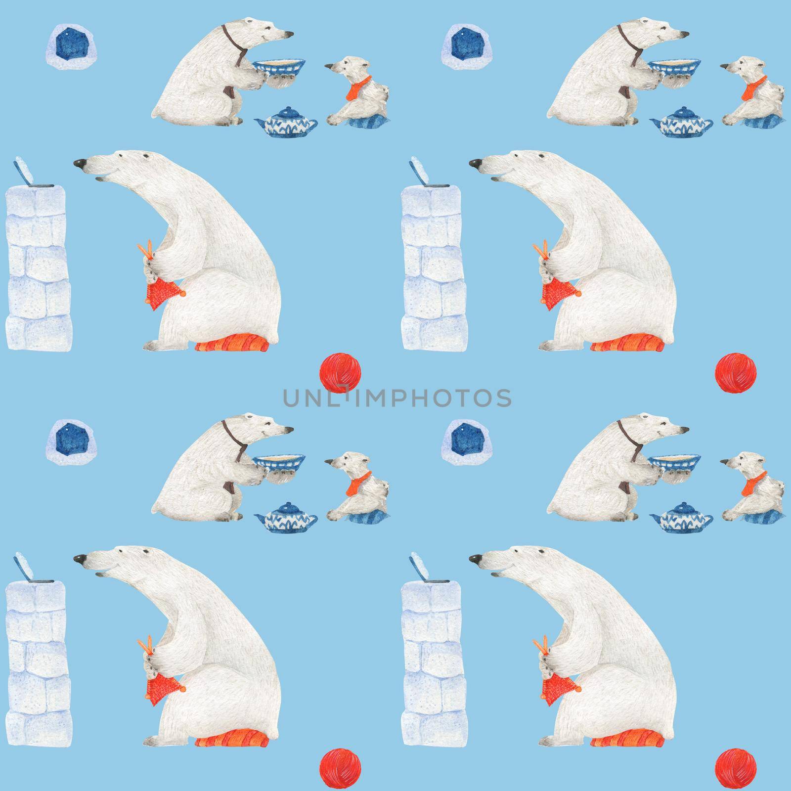 Polar bears drink tea and knitting. Watercolor seamless patterns for textile, wrapping paper and any tiled design. Bluebackground, clipping path uncluded