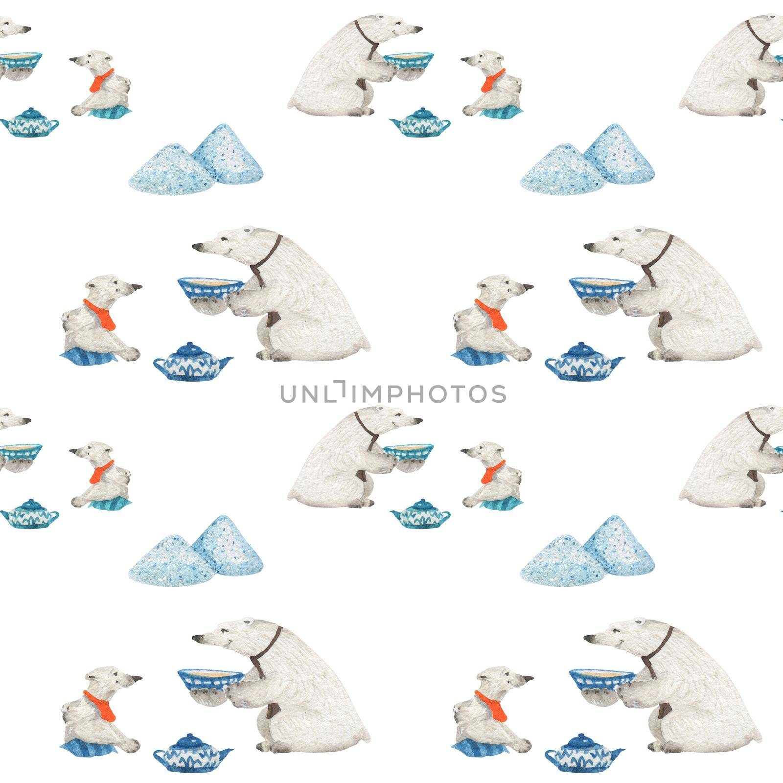 Polar bears father and son drink tea. Watercolor seamless patterns for textile, wrapping paper and any tiled design. White background, clipping path uncluded