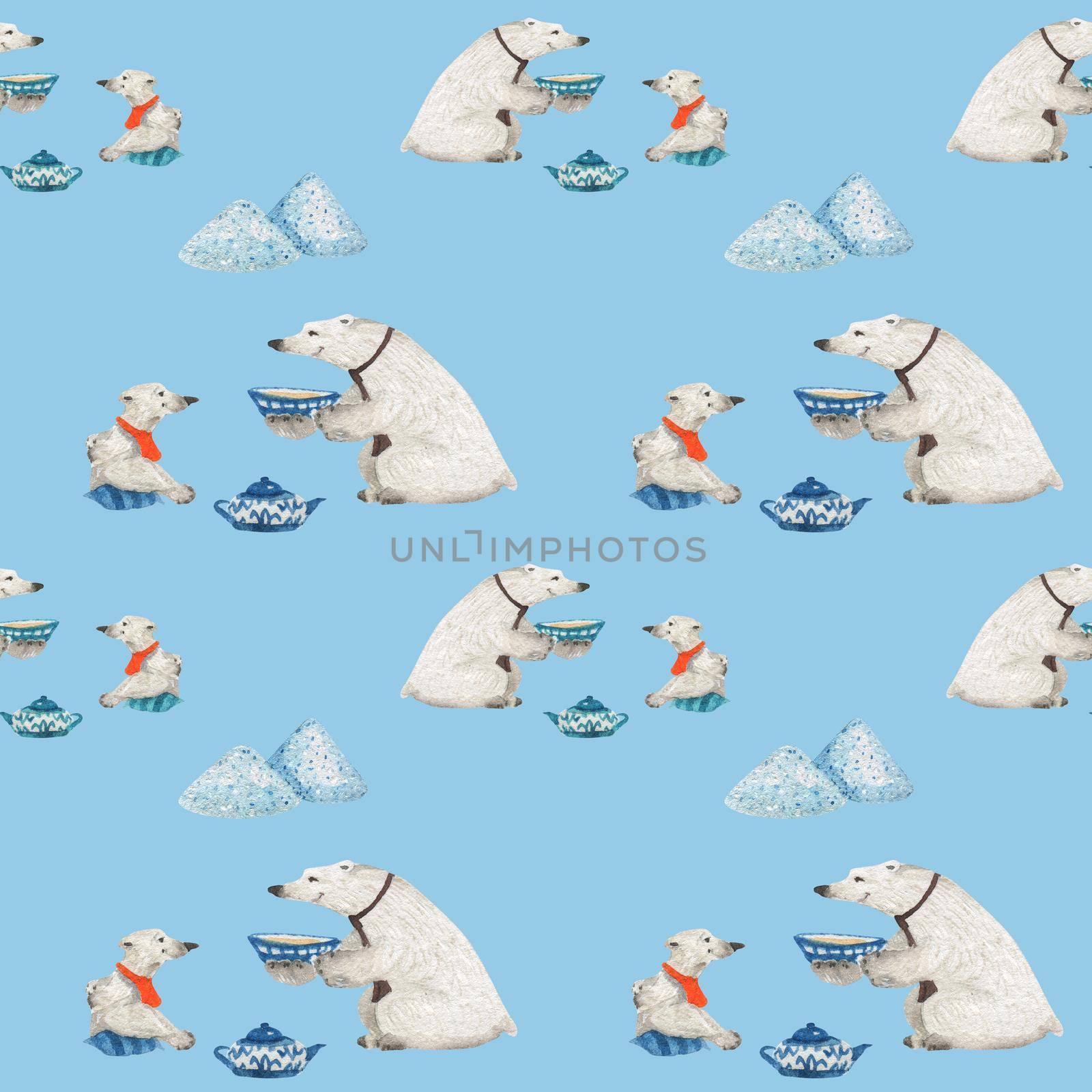 Polar bears family drink tea. Art seamless pattern by Xeniasnowstorm