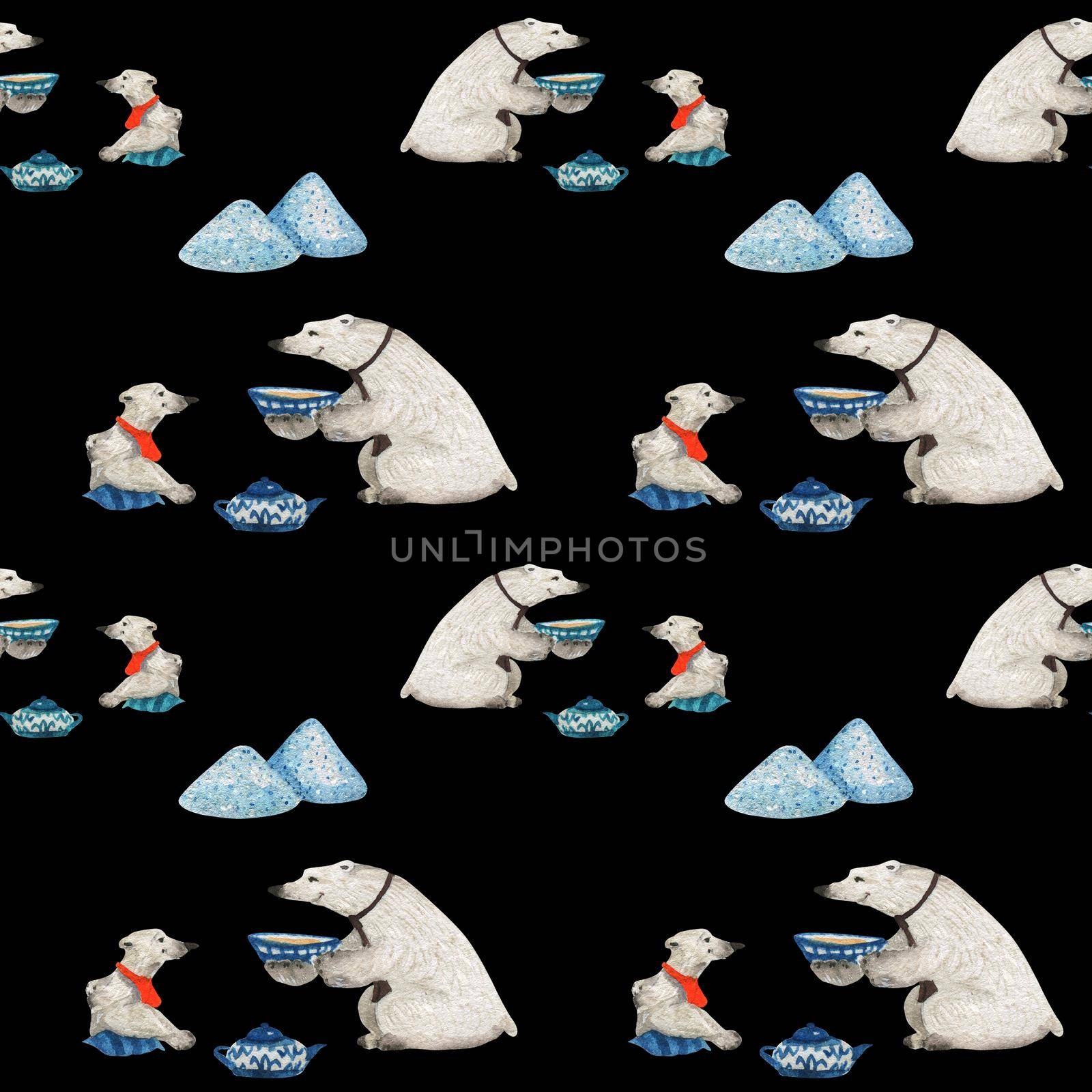 Polar bears father and son drink tea. Watercolor seamless patterns for textile, wrapping paper and any tiled design. Black background, clipping path uncluded