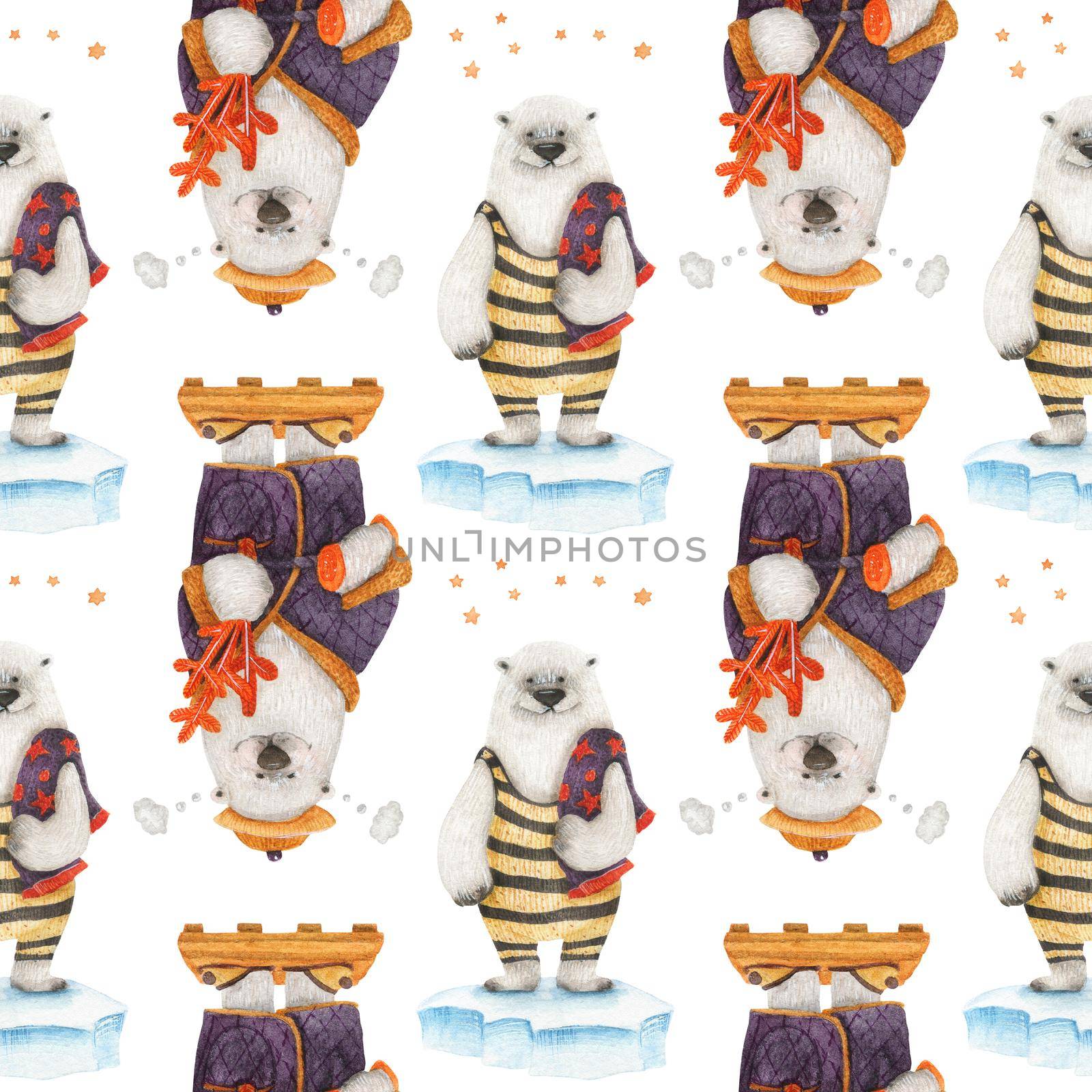 Polar bear healthy lifestyle. Watercolor seamless pattern by Xeniasnowstorm