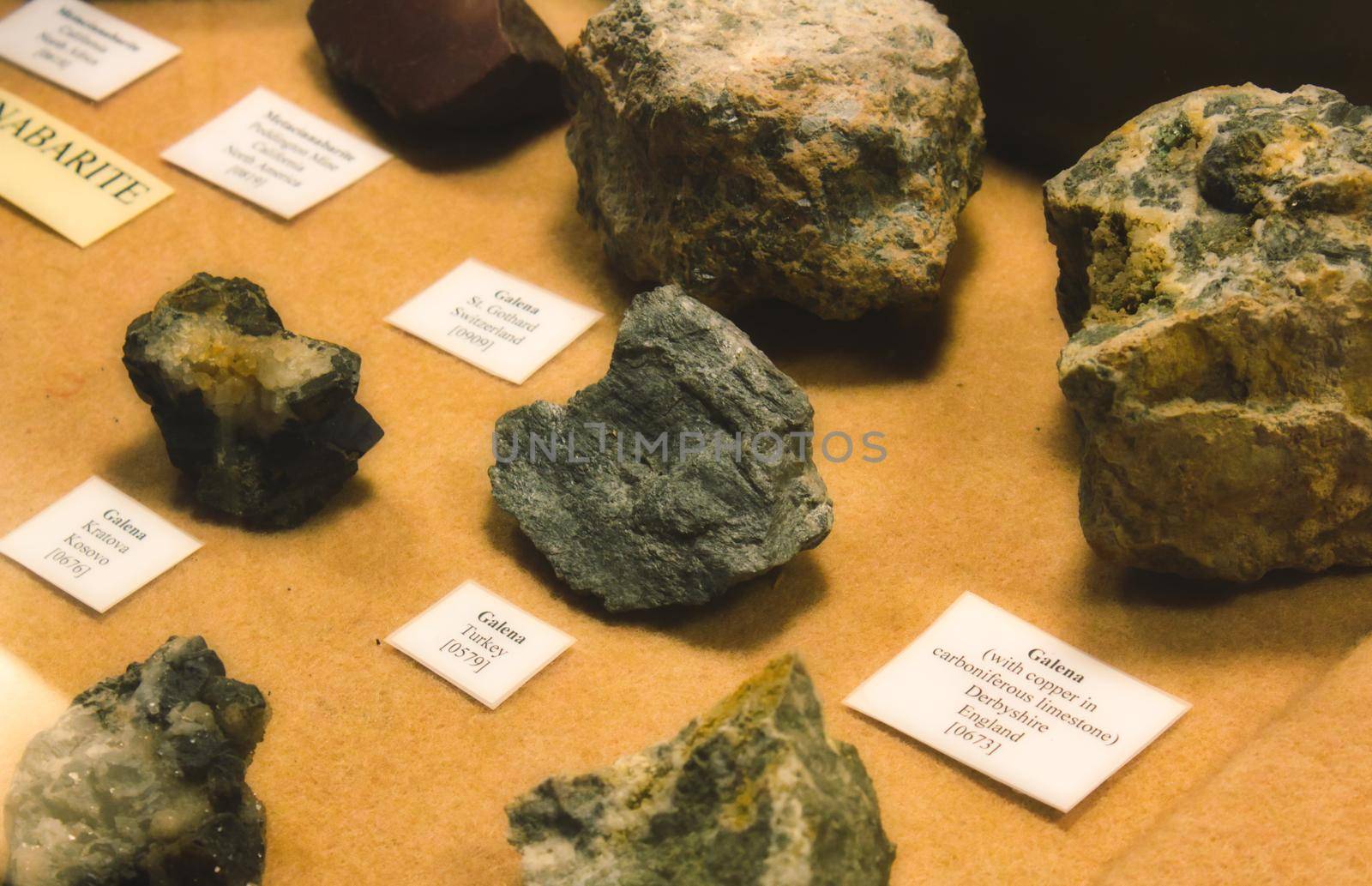 Collection of Galena stones on display as part of a geological mineral exhibit