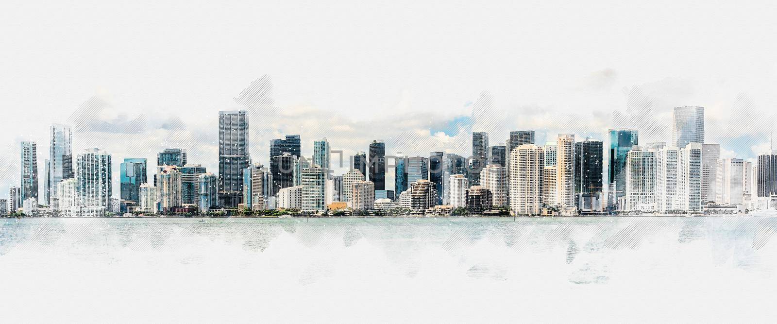 Digital watercolor painting of Miami skyline with many skyscrapers