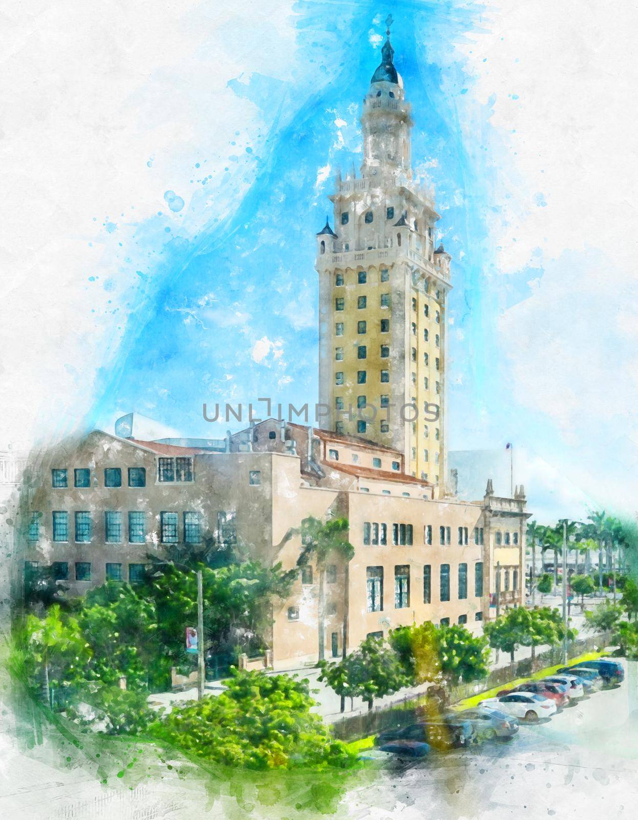 Watercolor painting illustration of View of downtown Miami USA