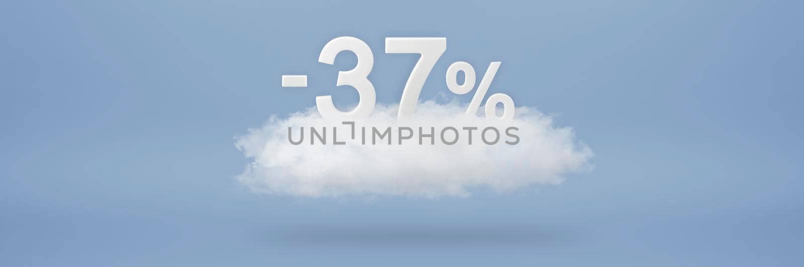 Discount 37 percent. Big discounts, sale up to thirty seven percent. 3D numbers float on a cloud on a blue background. Copy space. Advertising banner and poster to be inserted into the project by SERSOL