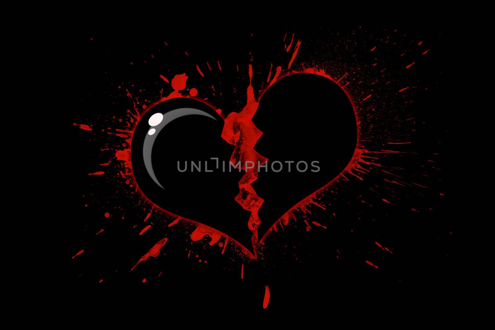 Illustration depicting a broken black heart in blood on a black background. The concept of separation, parting and unrequited love, as well as insensitivity