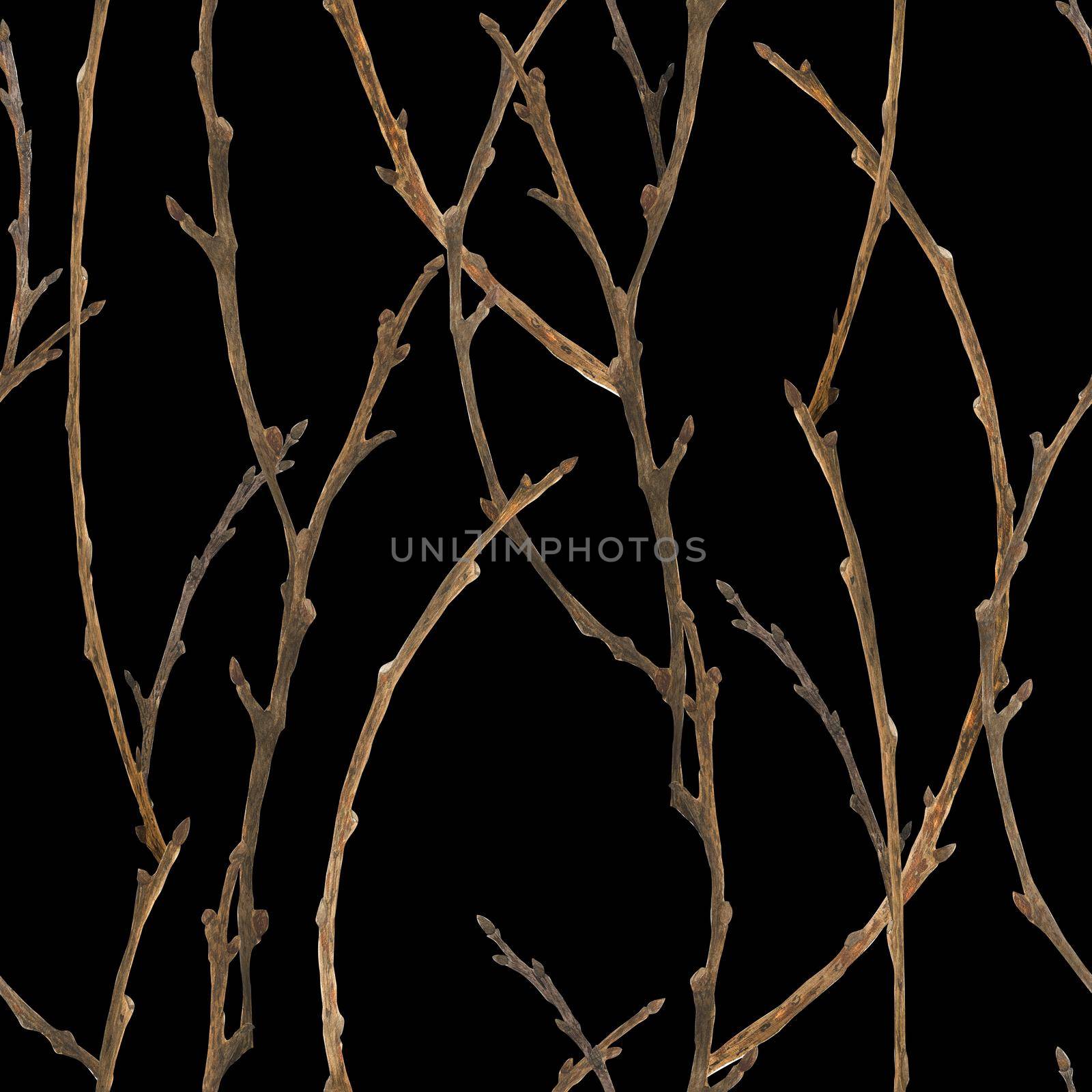 Botanical watercolor. Brown branches. Wild nature forest seamless pattern for Christmas design, path included.