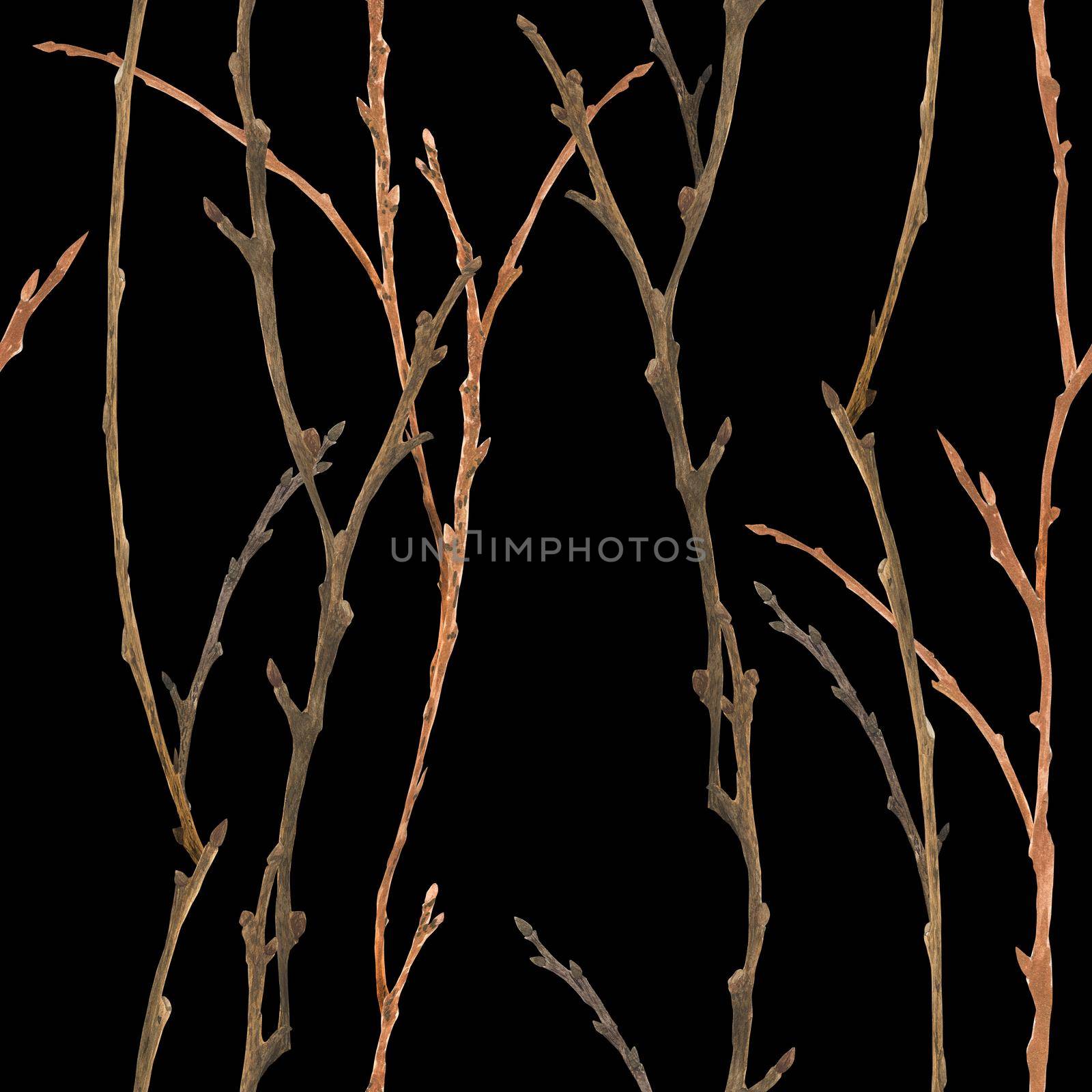 Botanical watercolor. Brown branches. Wild nature forest seamless pattern for Christmas design, path included.