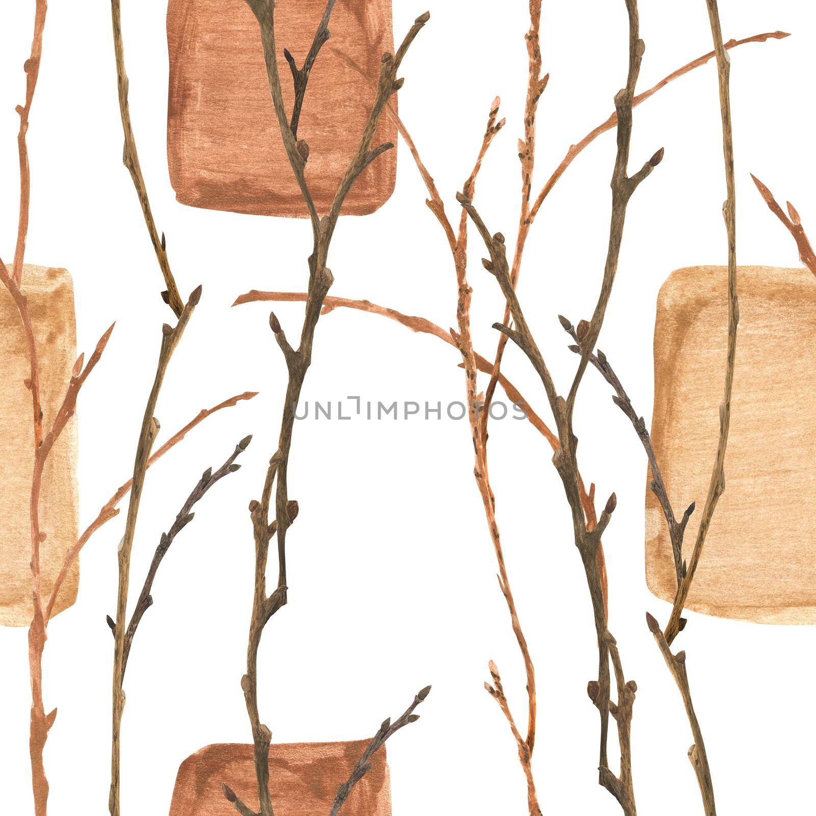 Botanical watercolor. Gold and branches. Wild nature forest seamless pattern for Christmas design, path included.