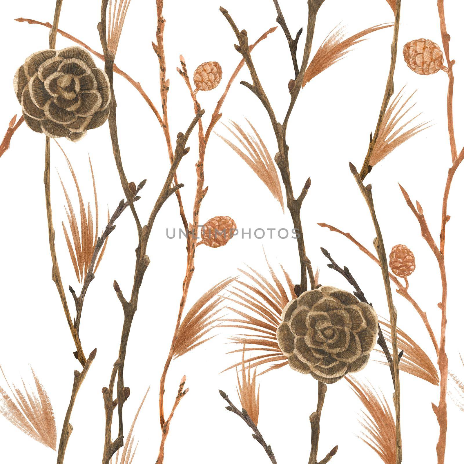 Botanical watercolor. Cones and branches. Wild nature forest seamless pattern for Christmas design, path included.