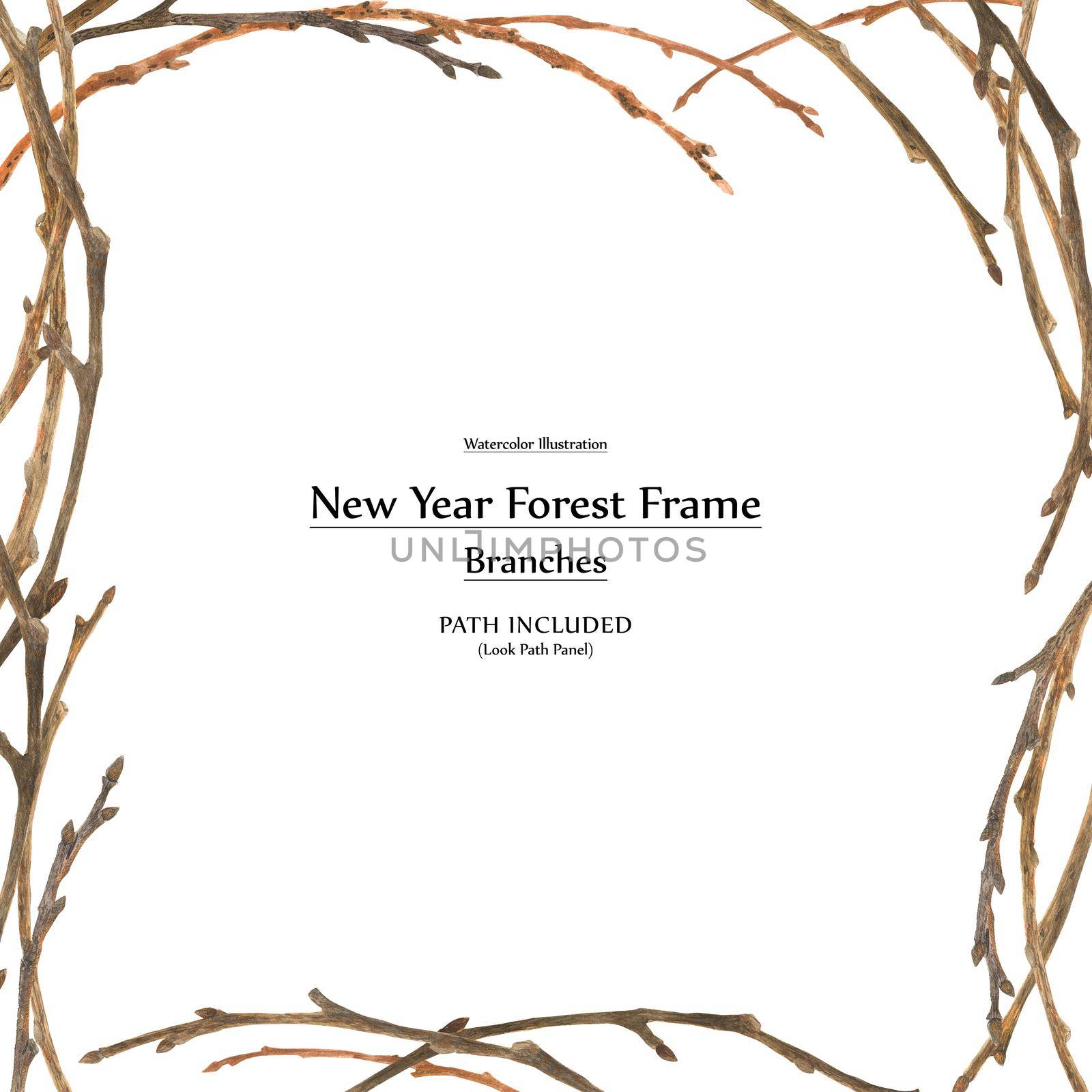 New year design by watercolor. Winter branches square frame. Isolated, path included