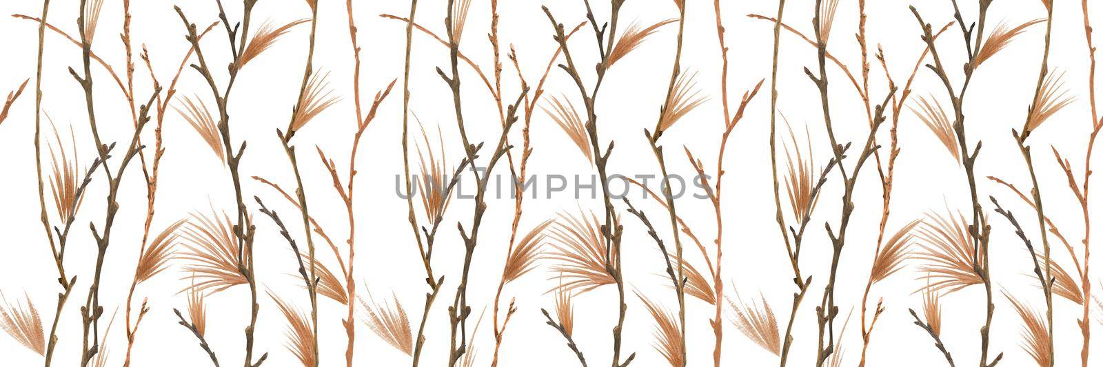 Botanical watercolor. Gold and branches. Wood seamless pattern for Christmas textile and web design