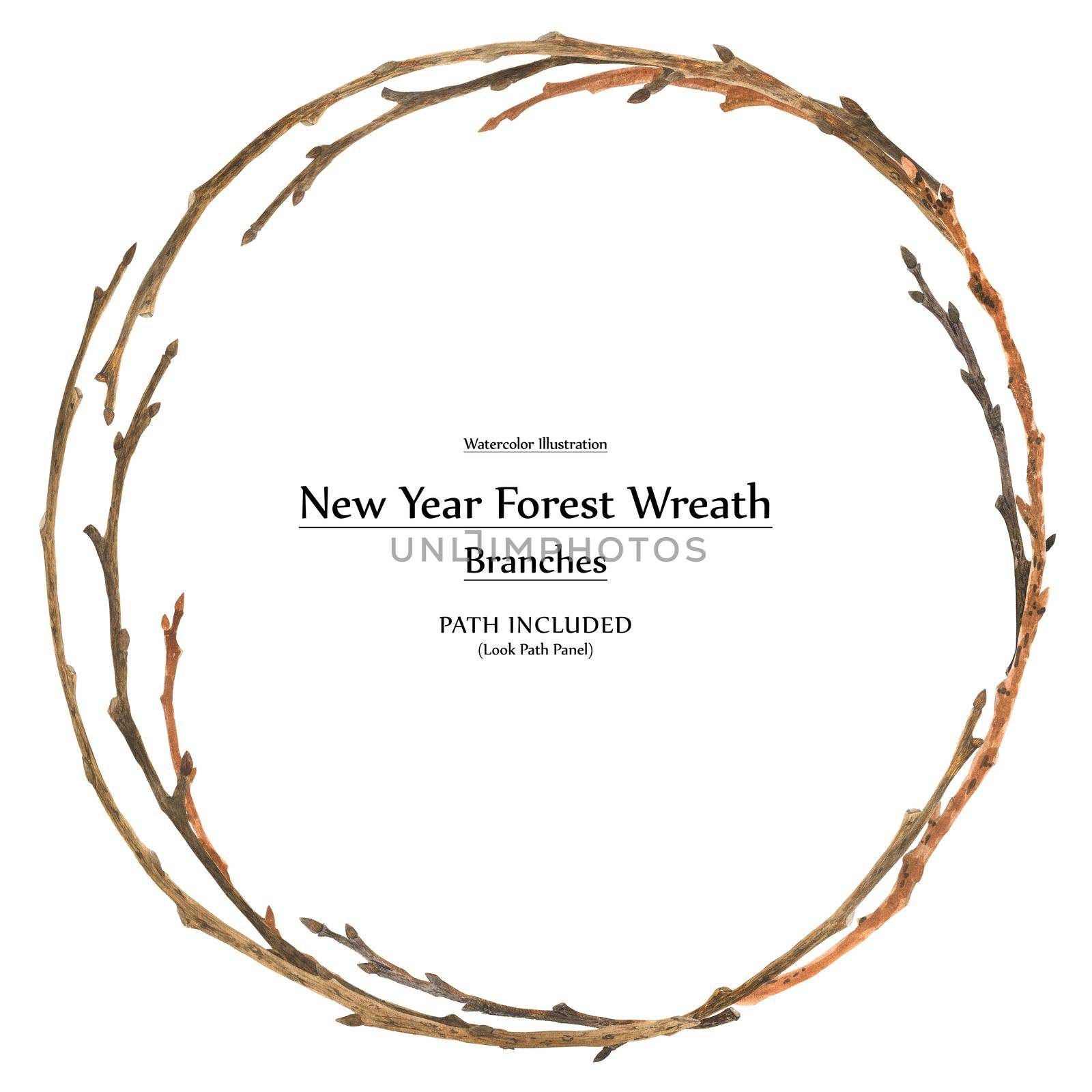 New year design by watercolor. Winter branches wreath. isolated, path included