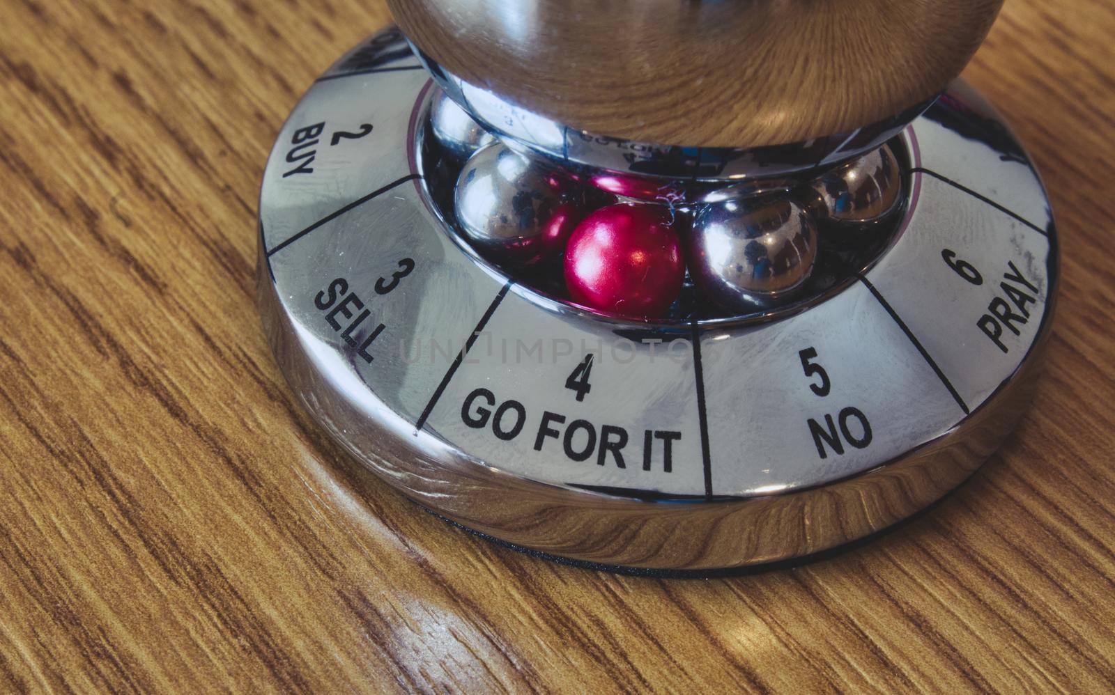 Metal decision maker with 'Go for it' selected from the wheel of options