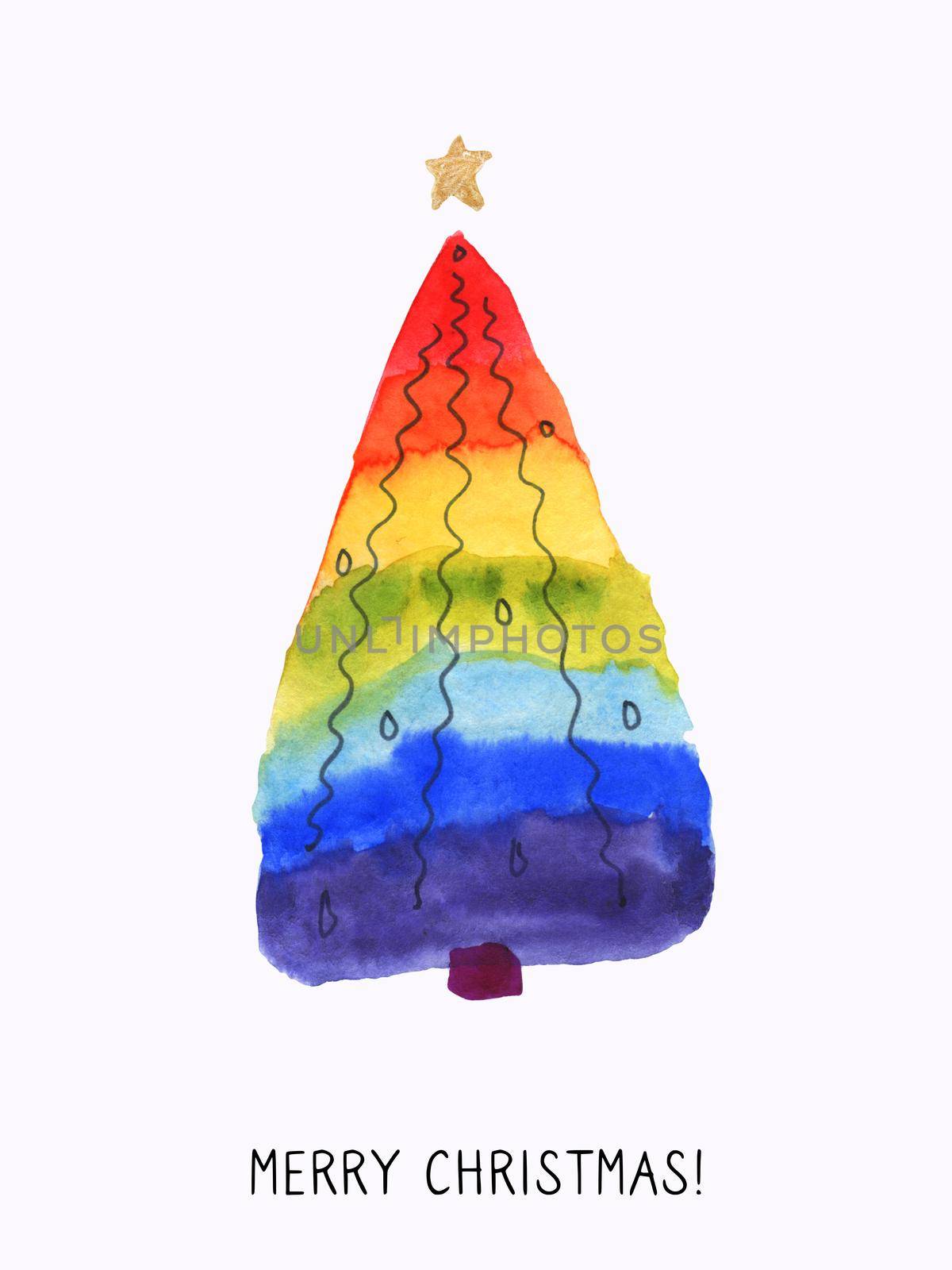 Christmas Tree Watercolor greeting posr card, white background, clipping path included