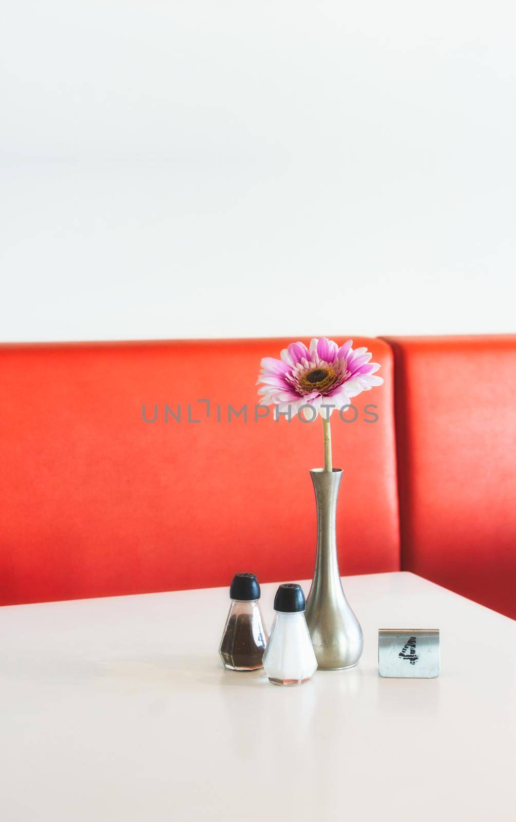 Indoor table setting in a cafe copy-space with flower in pot, salt and pepper shakers and metal number marker by tennesseewitney