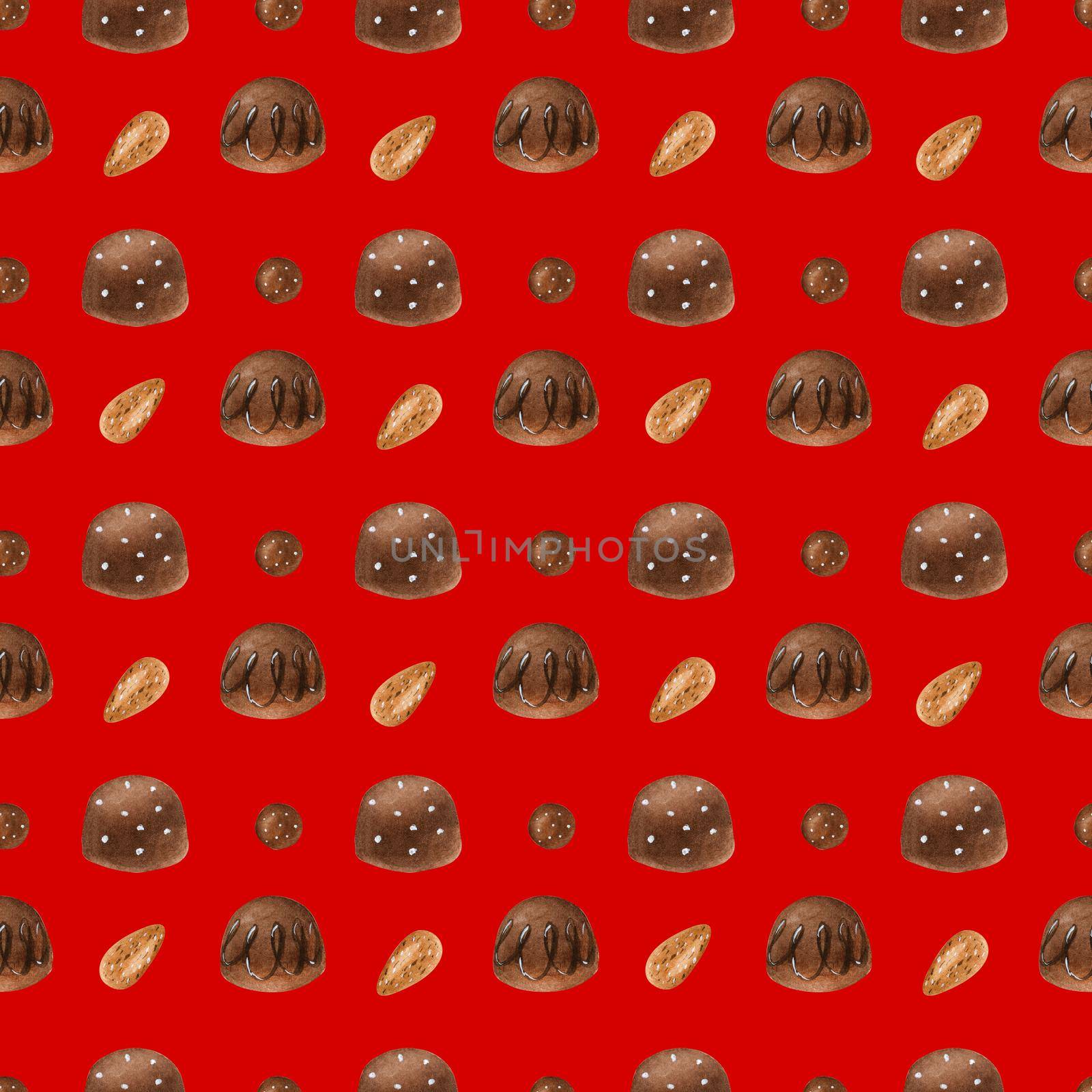 Sweet seamless pattern with chocolate candies. Watercolor illustration for any event decoration, red background, path included