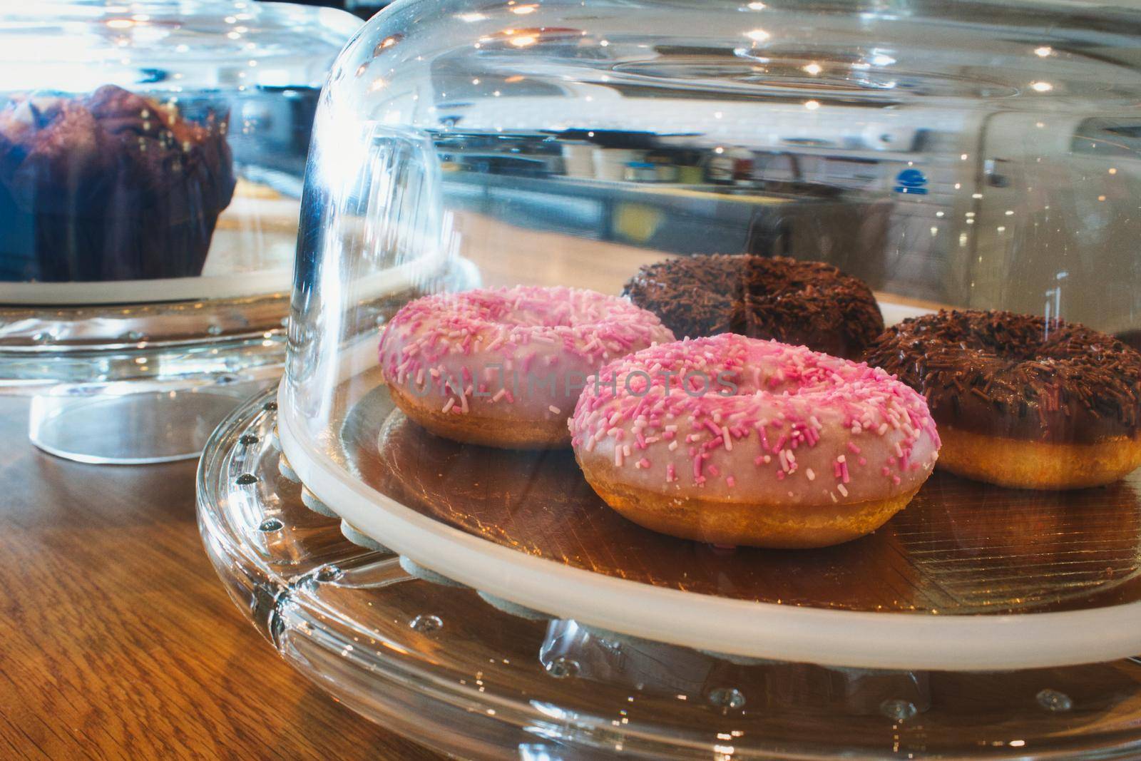 Colorful doughnuts in a glass display container on a shop counter