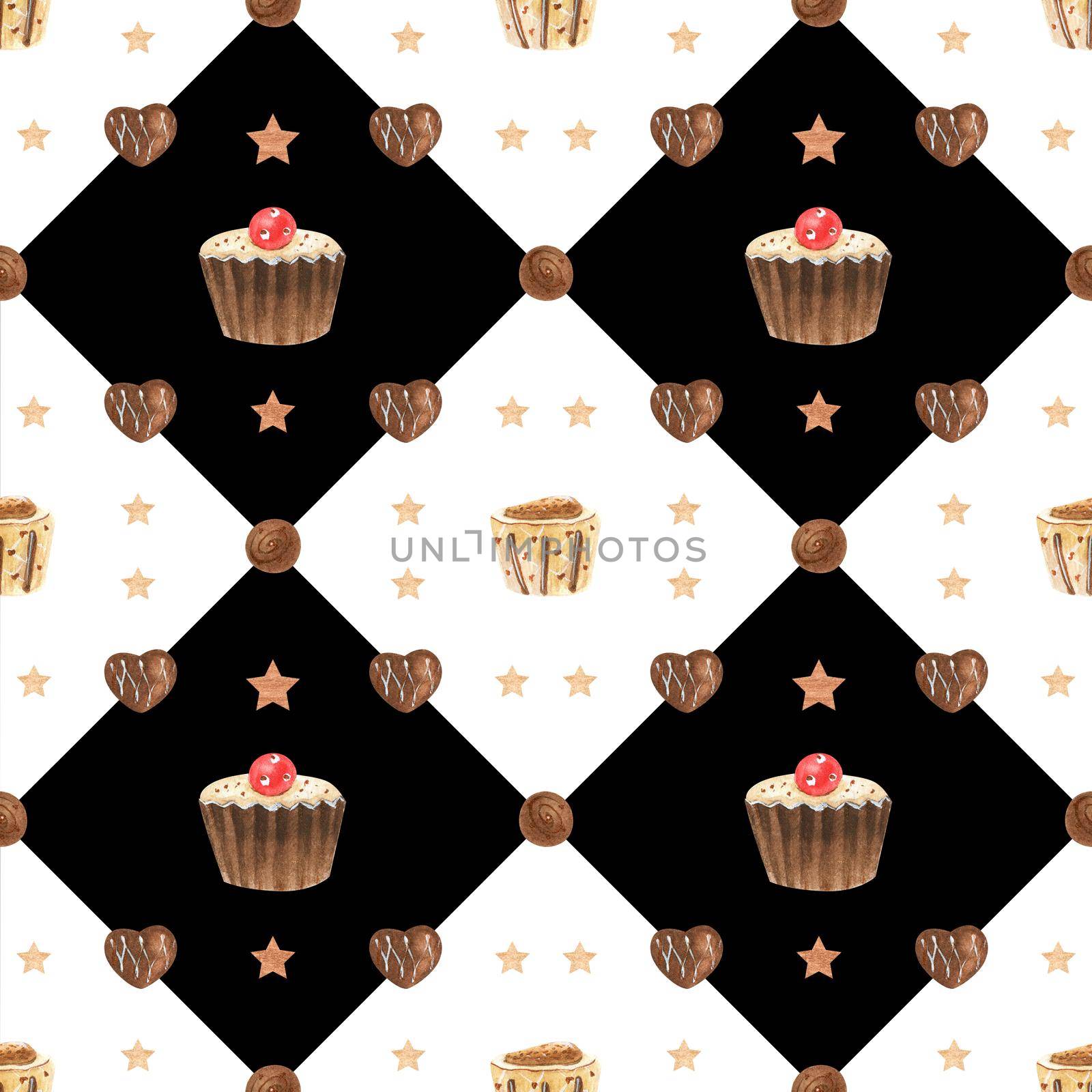 Sweet romantic seamless pattern with chocolates and diamond. Watercolor illustration for any event decoration, white and black background, path included