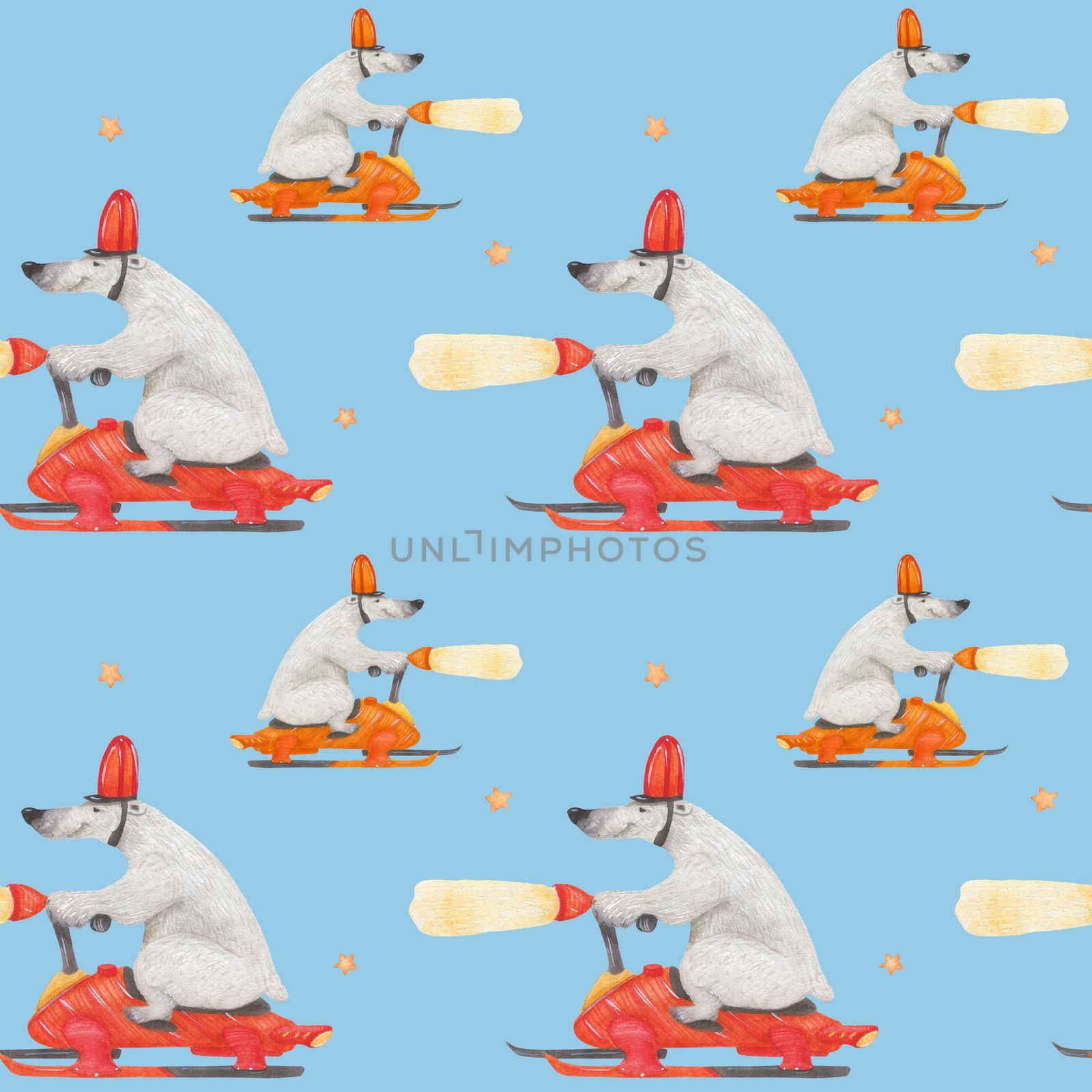 Polar bear speedway traffic. Watercolor seamless patterns for textile, wrapping paper and any tiled design. Blue background, clipping path uncluded