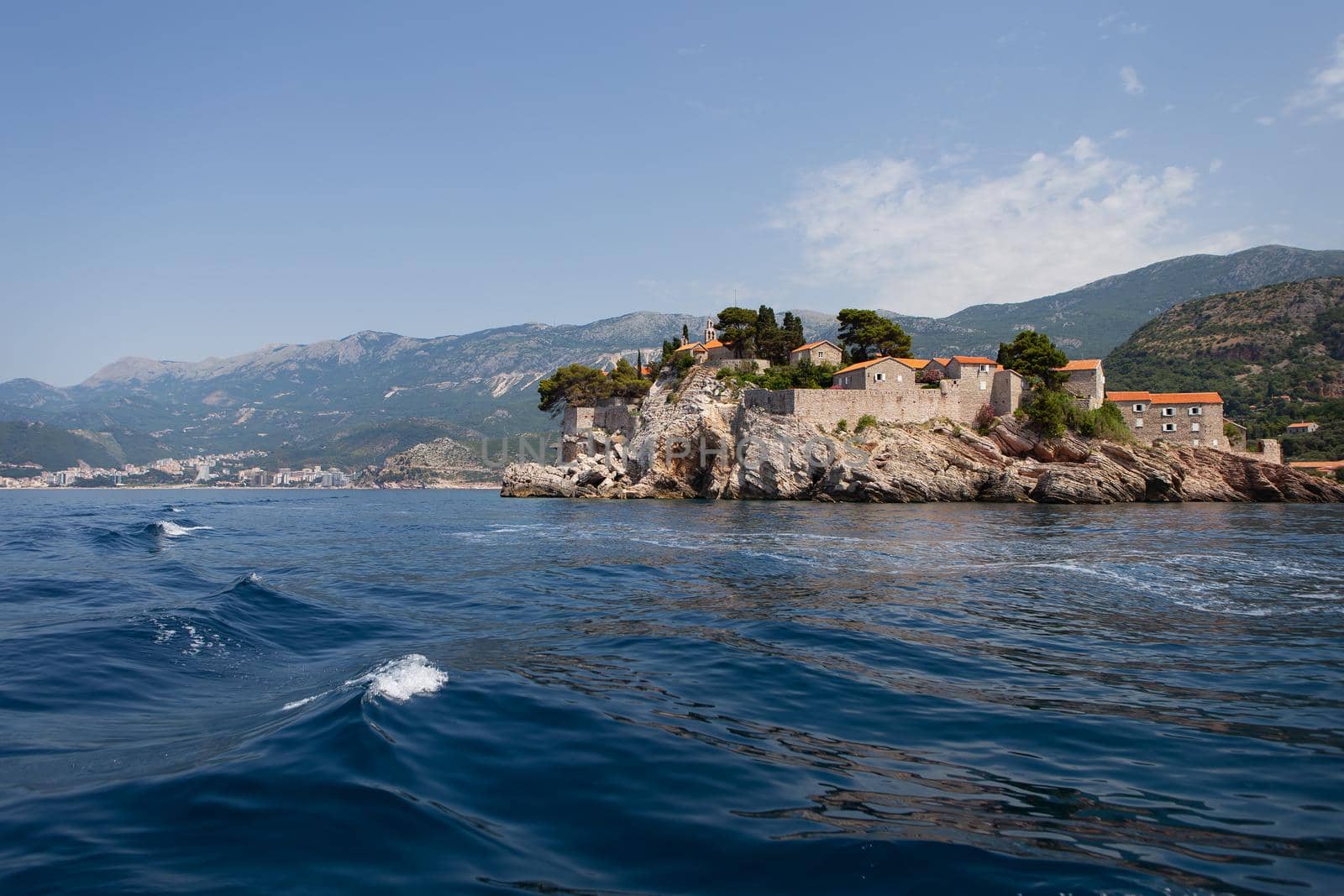 View of the island of St. Stephen on a sunny day. The concept of vacation and vacation at sea