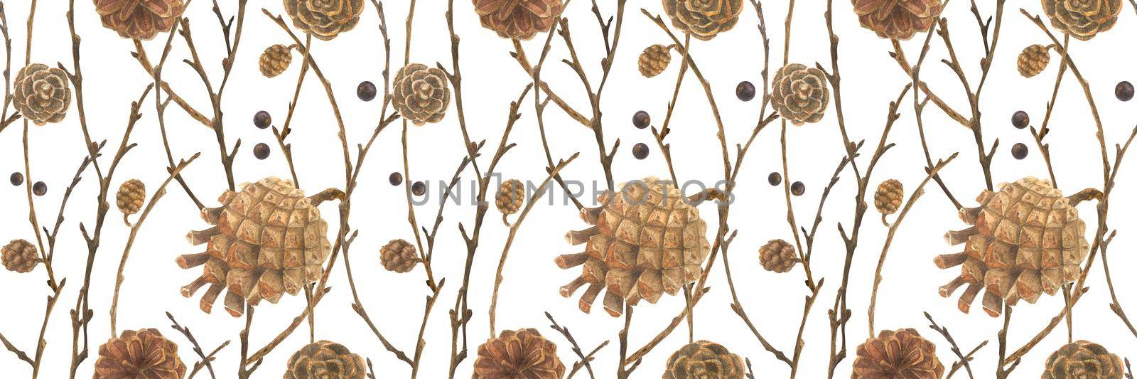 Botanical watercolor. Cones and branches. Wood seamless pattern for Christmas textile and web design