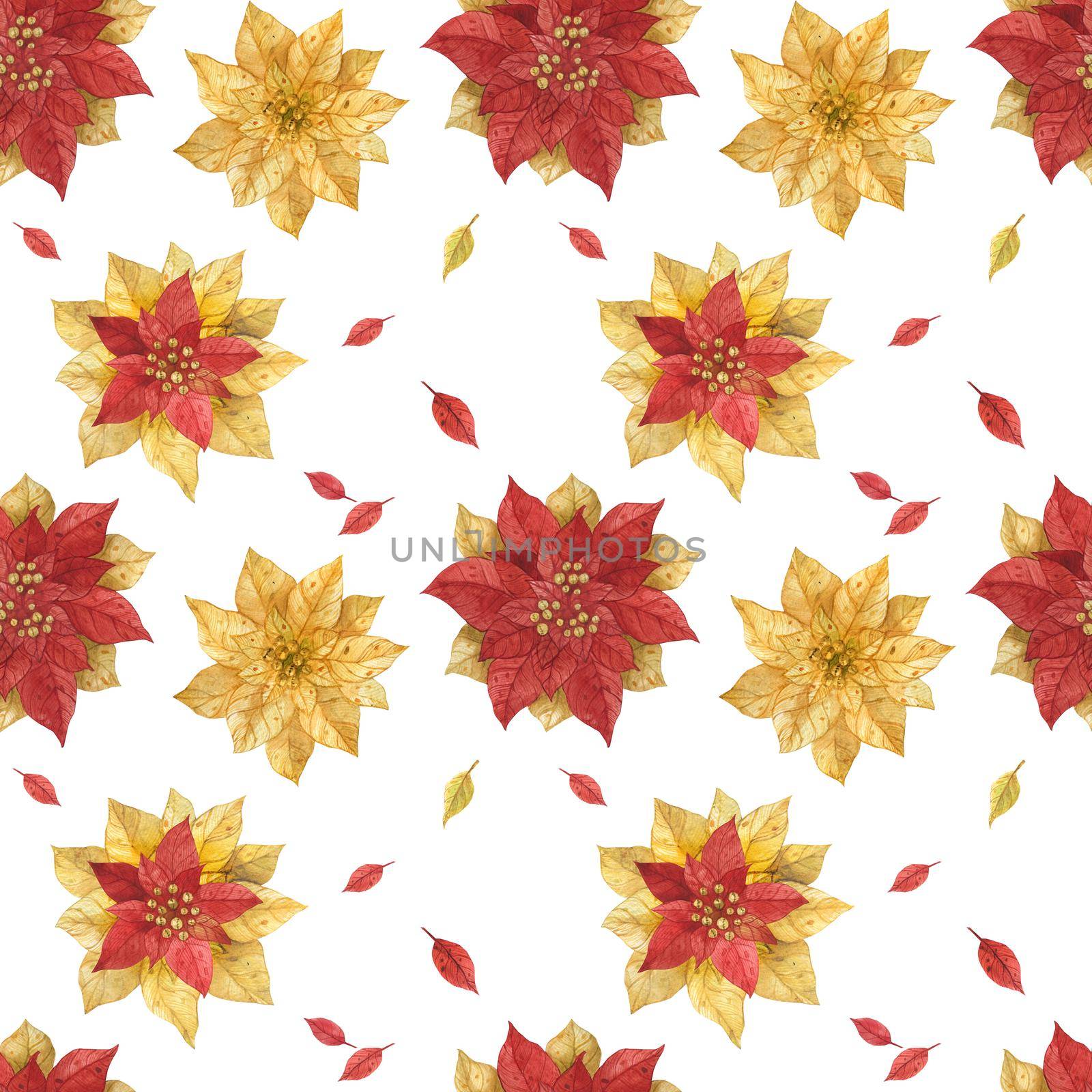 Christmas Red Gold Poinsettia, watercolor seamless pattern, white background, path included