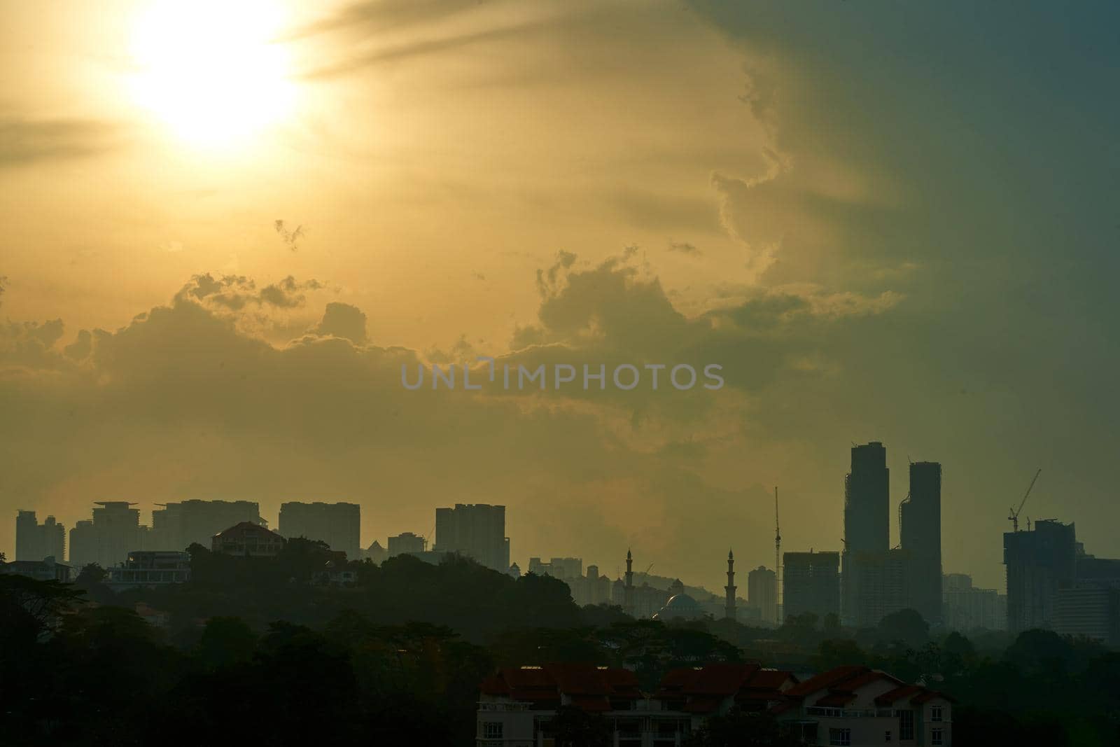 sunset over cloudy foggy modern city a by Try_my_best