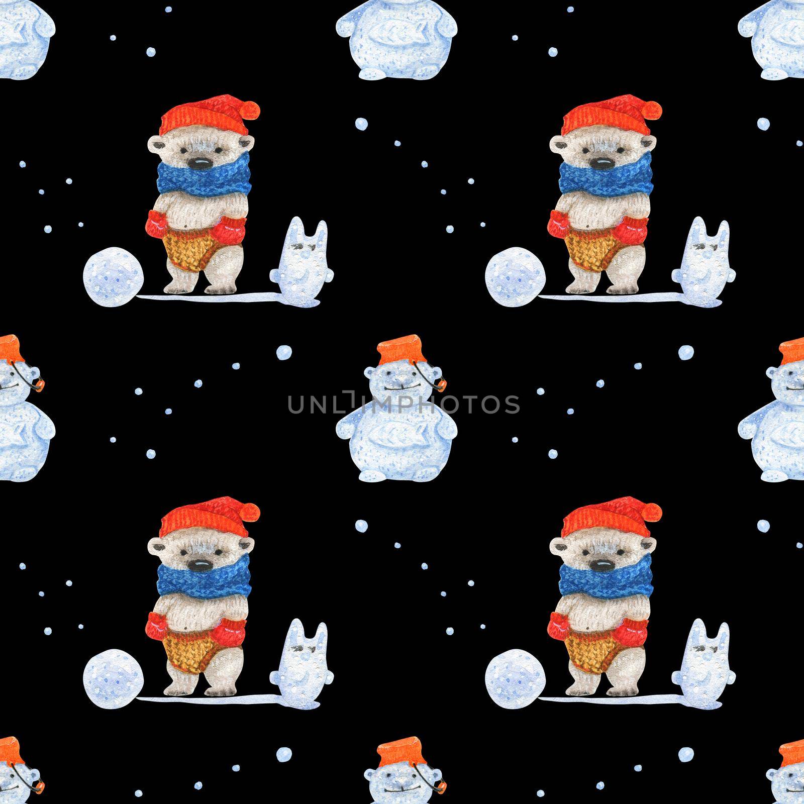 Little polar bear sculpt snowman. Watercolor seamless patterns for textile, wrapping paper and any tiled design. Black background, clipping path uncluded