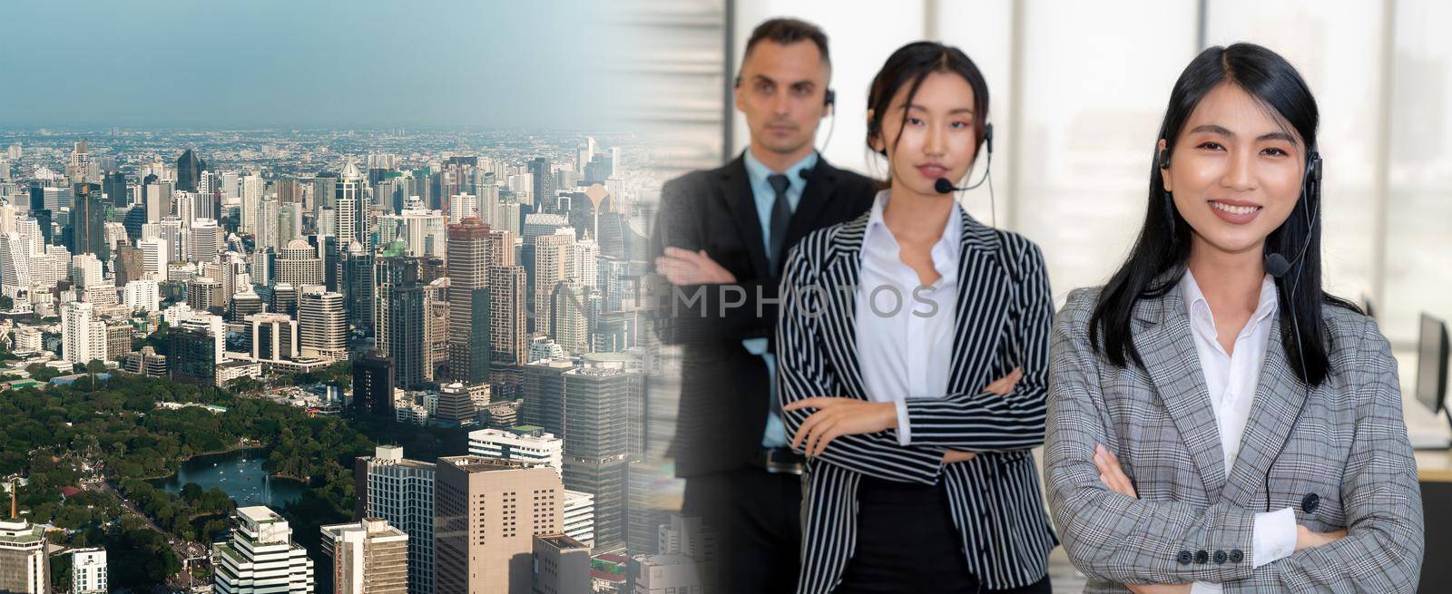 Business people wearing headset working in office to support remote customer or colleague. Call center, telemarketing, customer support agent provide service in broaden view .