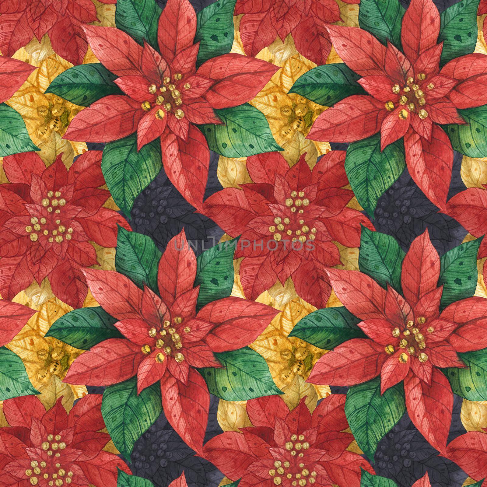 Christmas Poinsettia, floral watercolor seamless pattern
