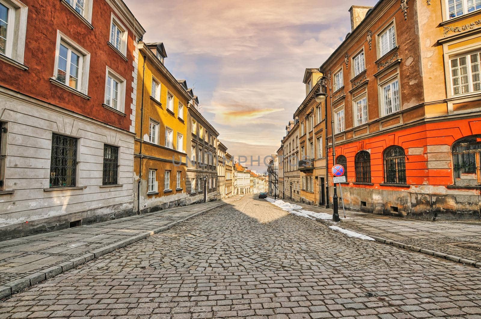 Road with stone in Warsaw city, the capital of Poland