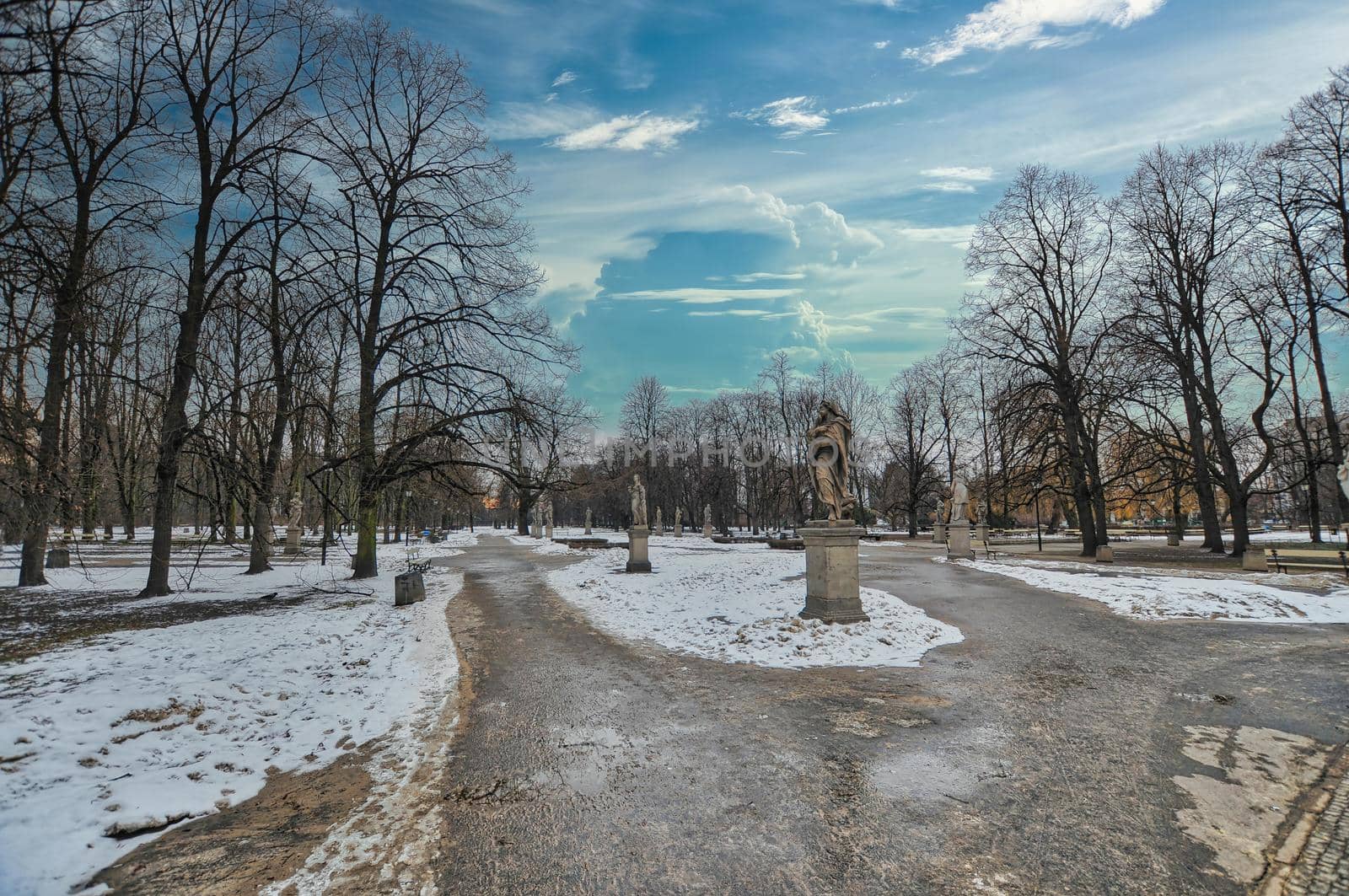 Park, garden in Warsaw of Poland with snow during the winter